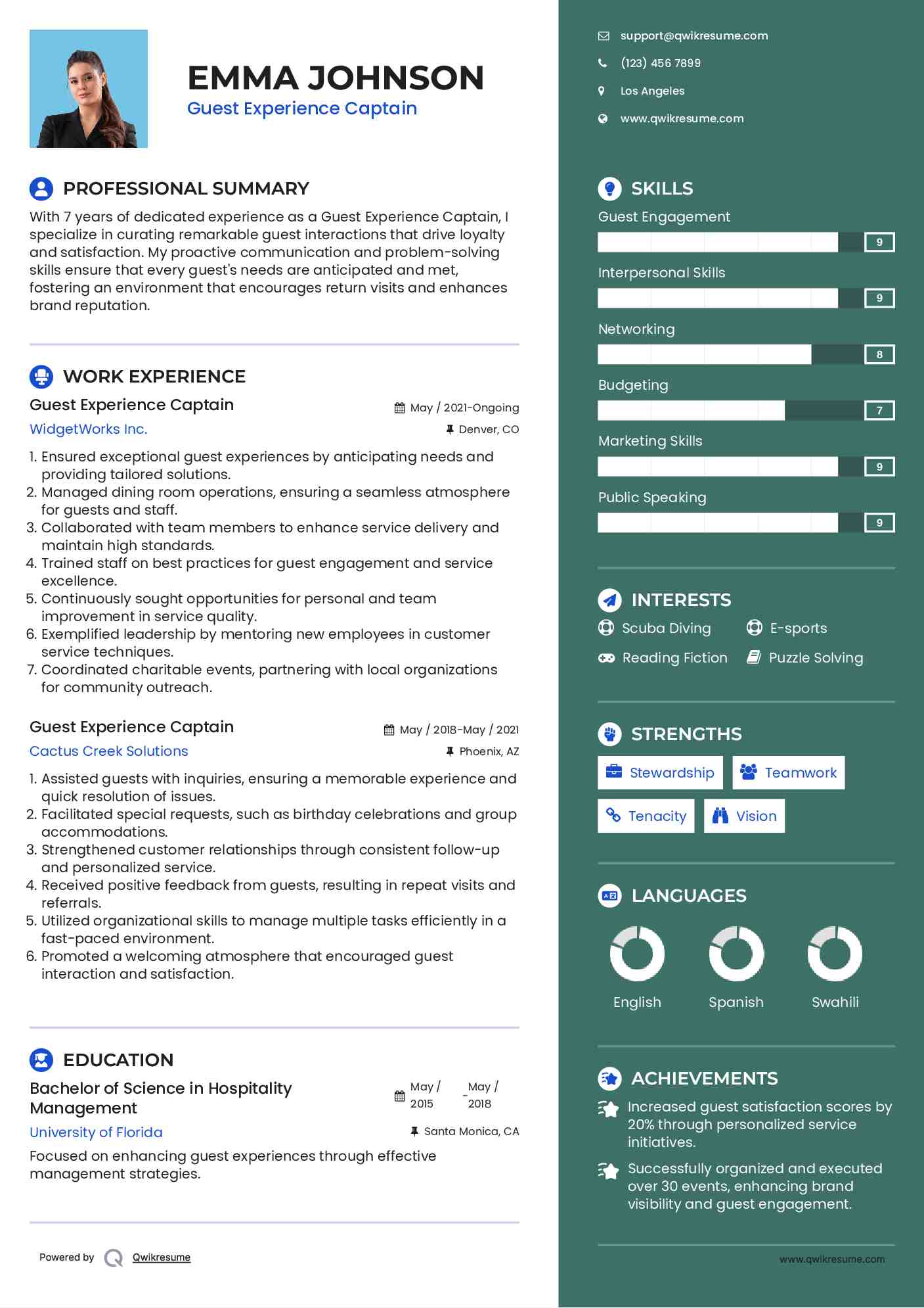 Guest Experience Captain Resume Example