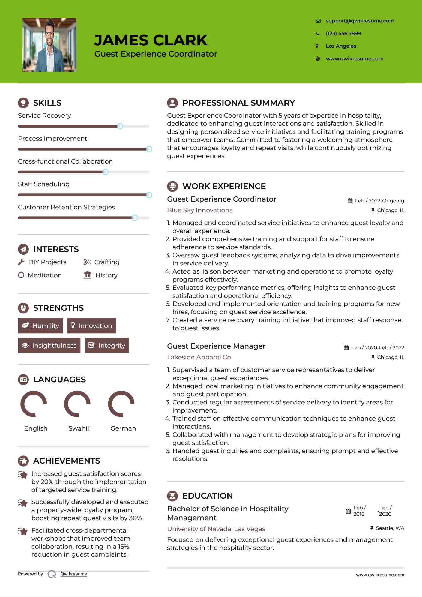 Guest Experience Coordinator Resume Model