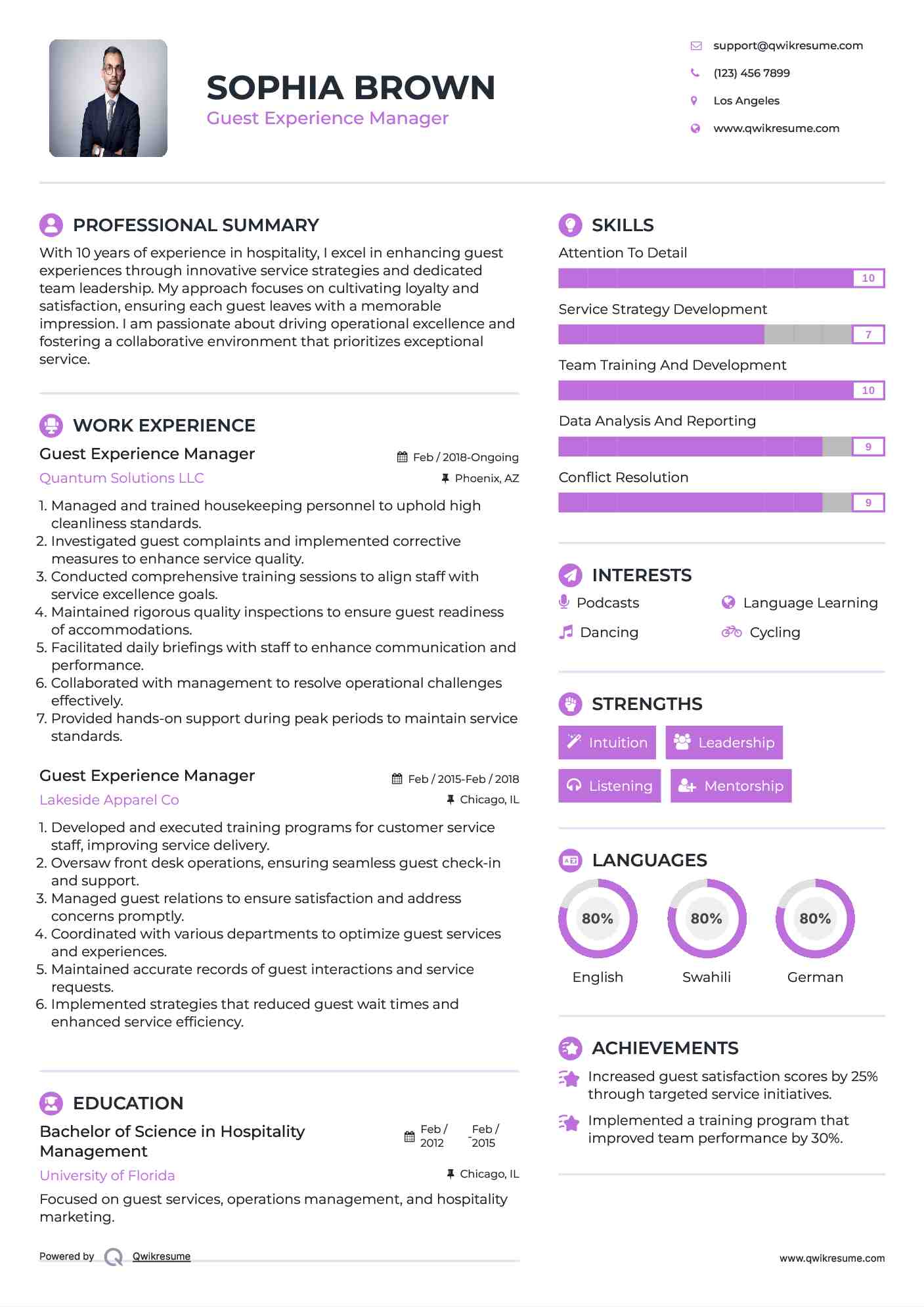 Guest Experience Manager Resume Sample