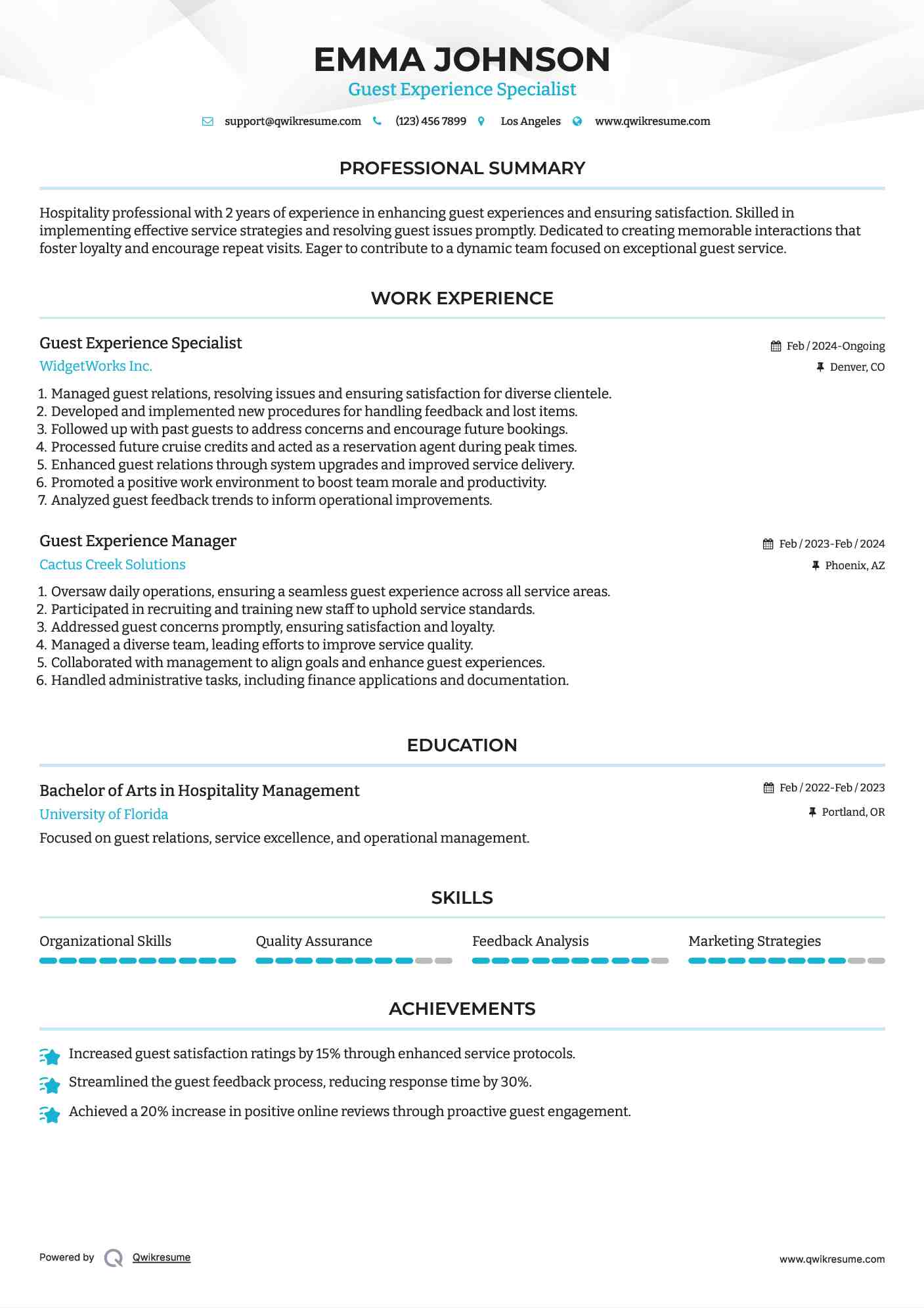 Guest Experience Specialist Resume Example