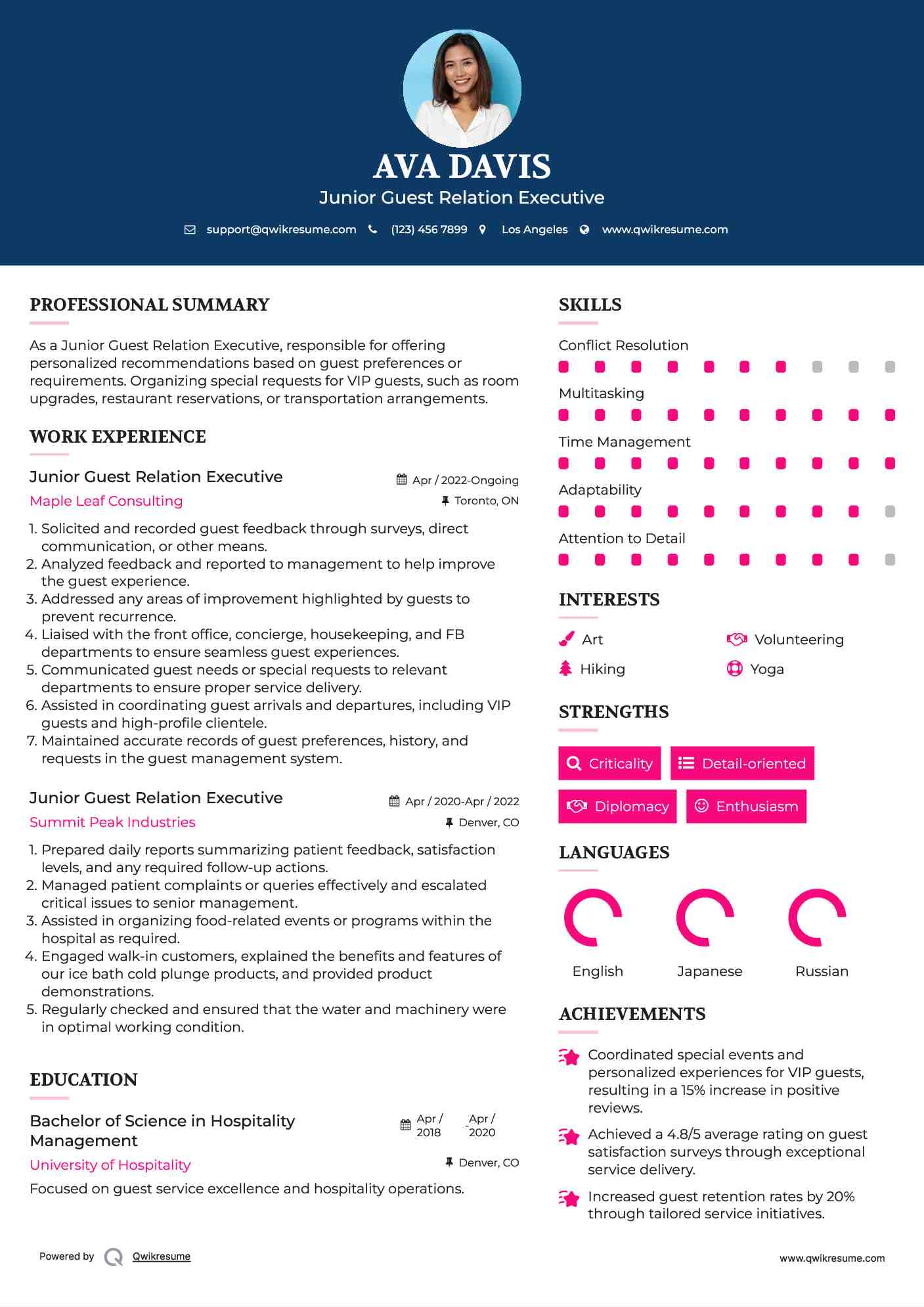 Junior Guest Relation Executive Resume Sample