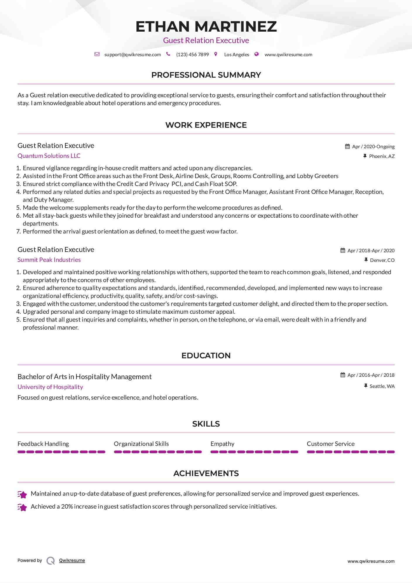 Guest Relation Executive Resume Model