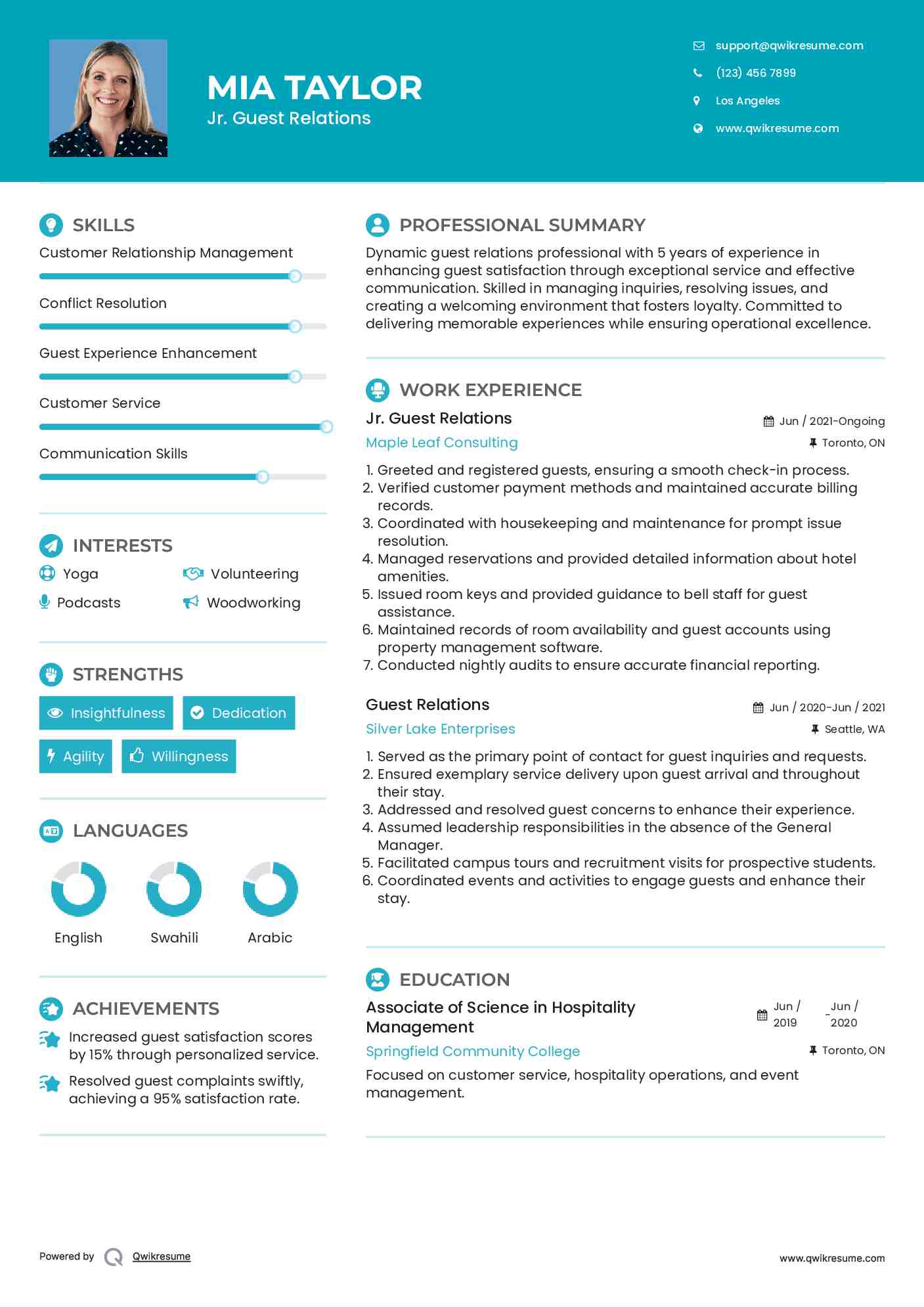 Jr. Guest Relations Resume Model