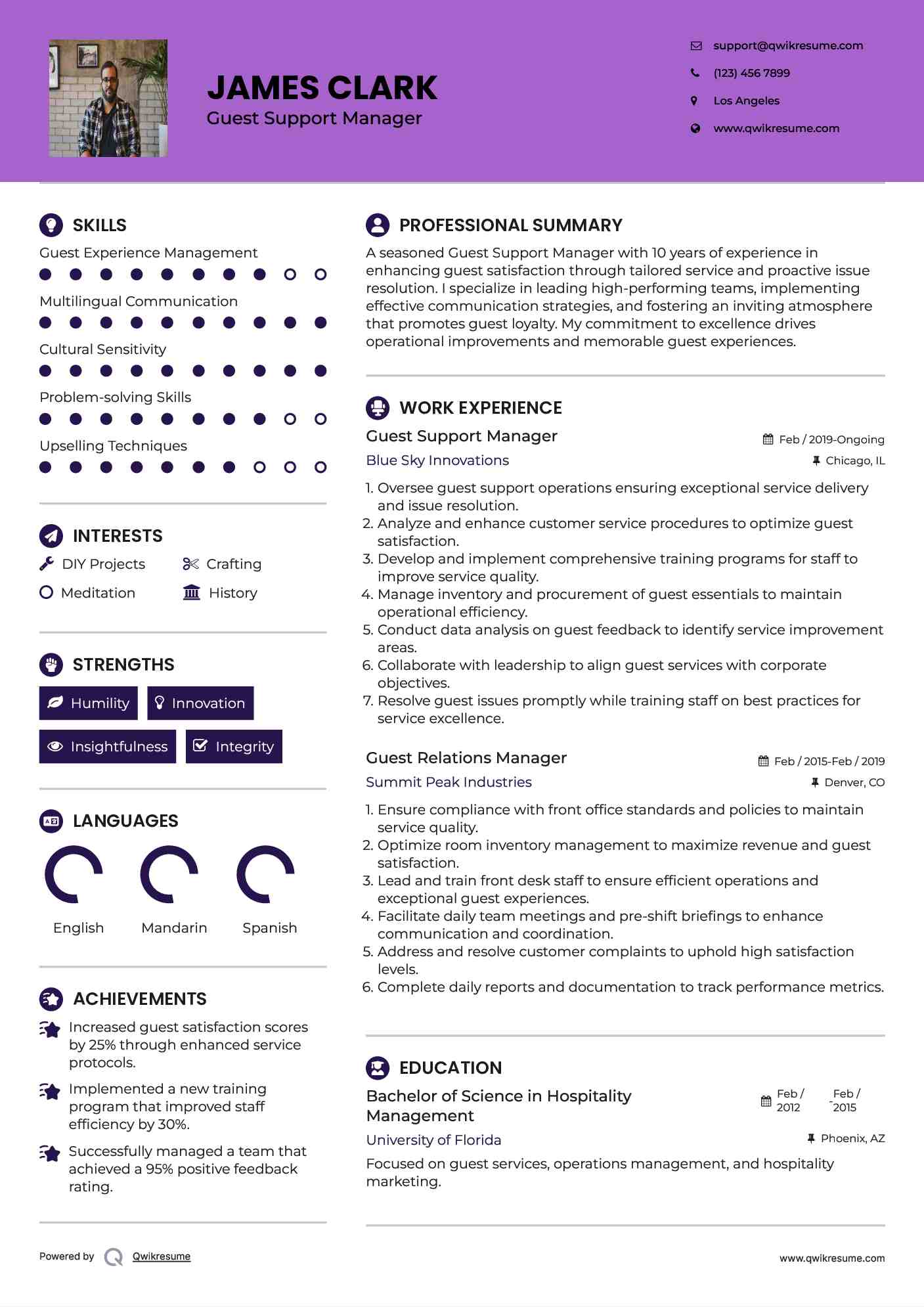 Guest Support Manager Resume Model