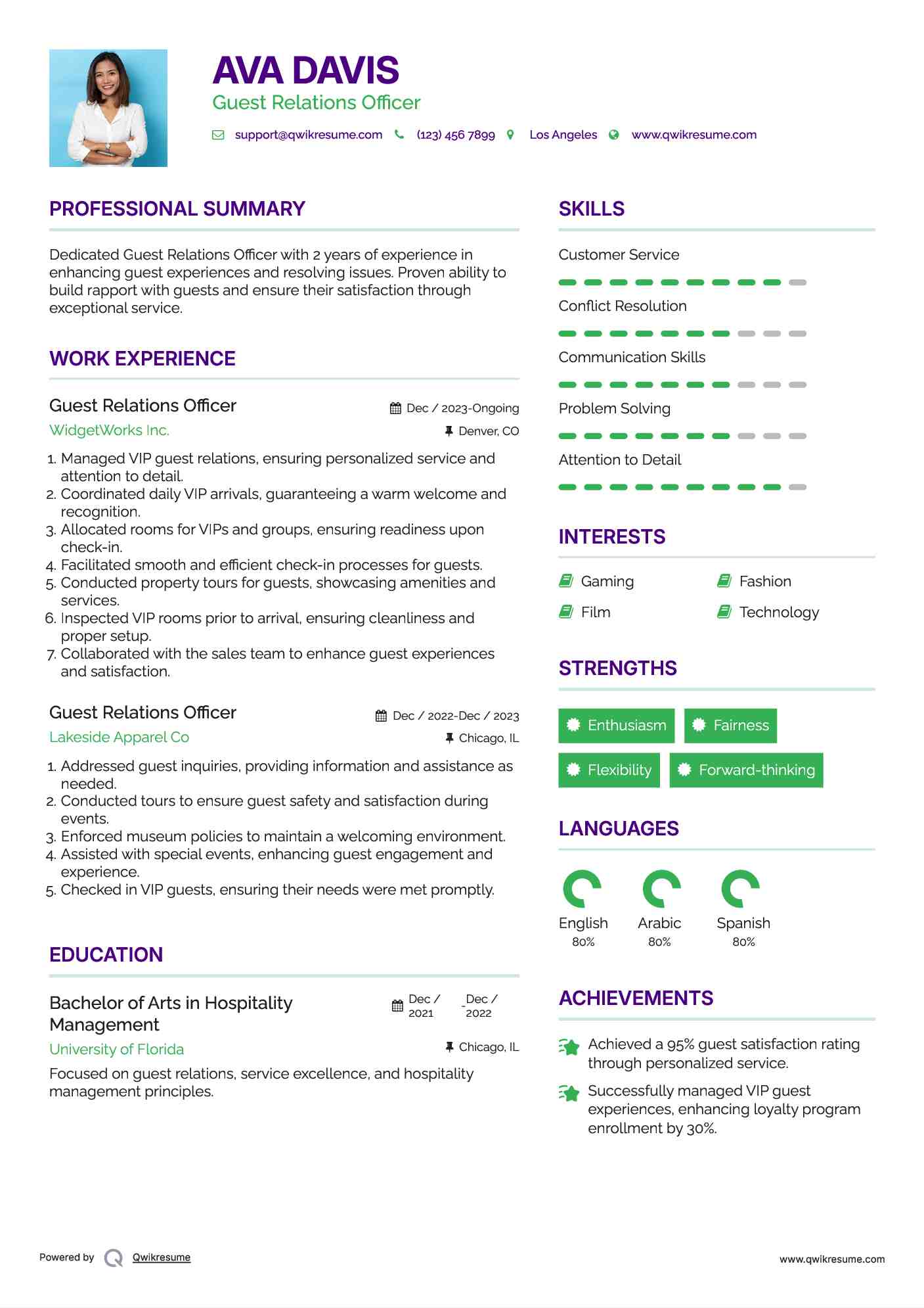 Guest Relations Officer Resume Example