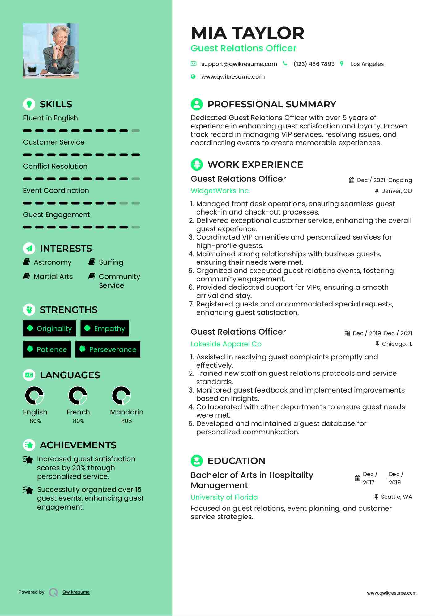 Guest Relations Officer Resume Format