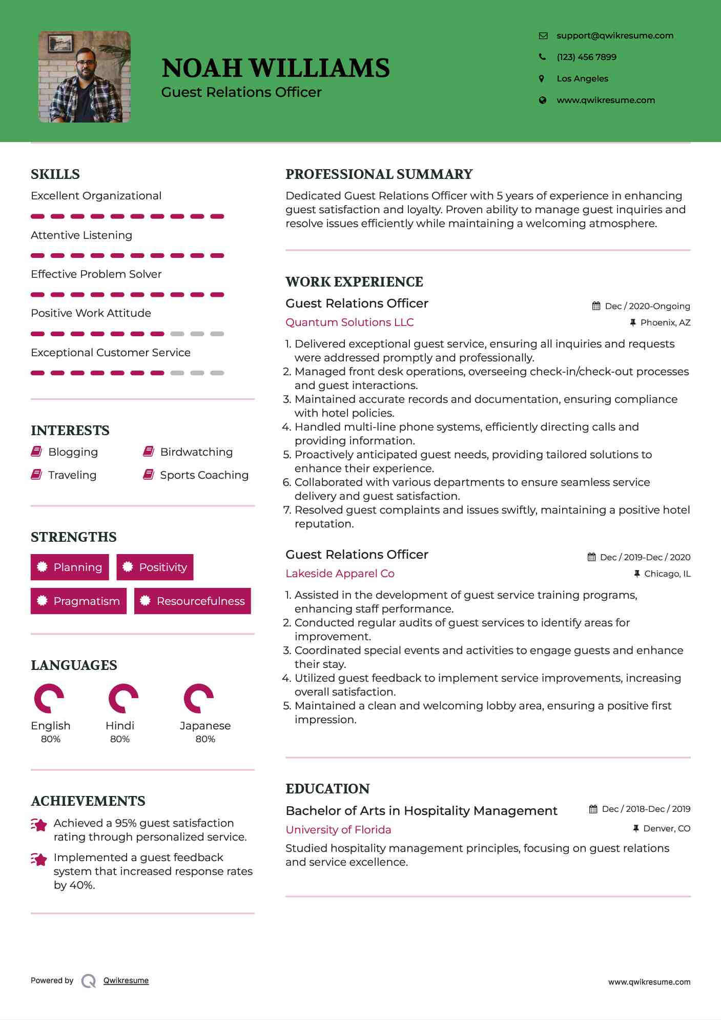 Guest Relations Officer Resume Sample