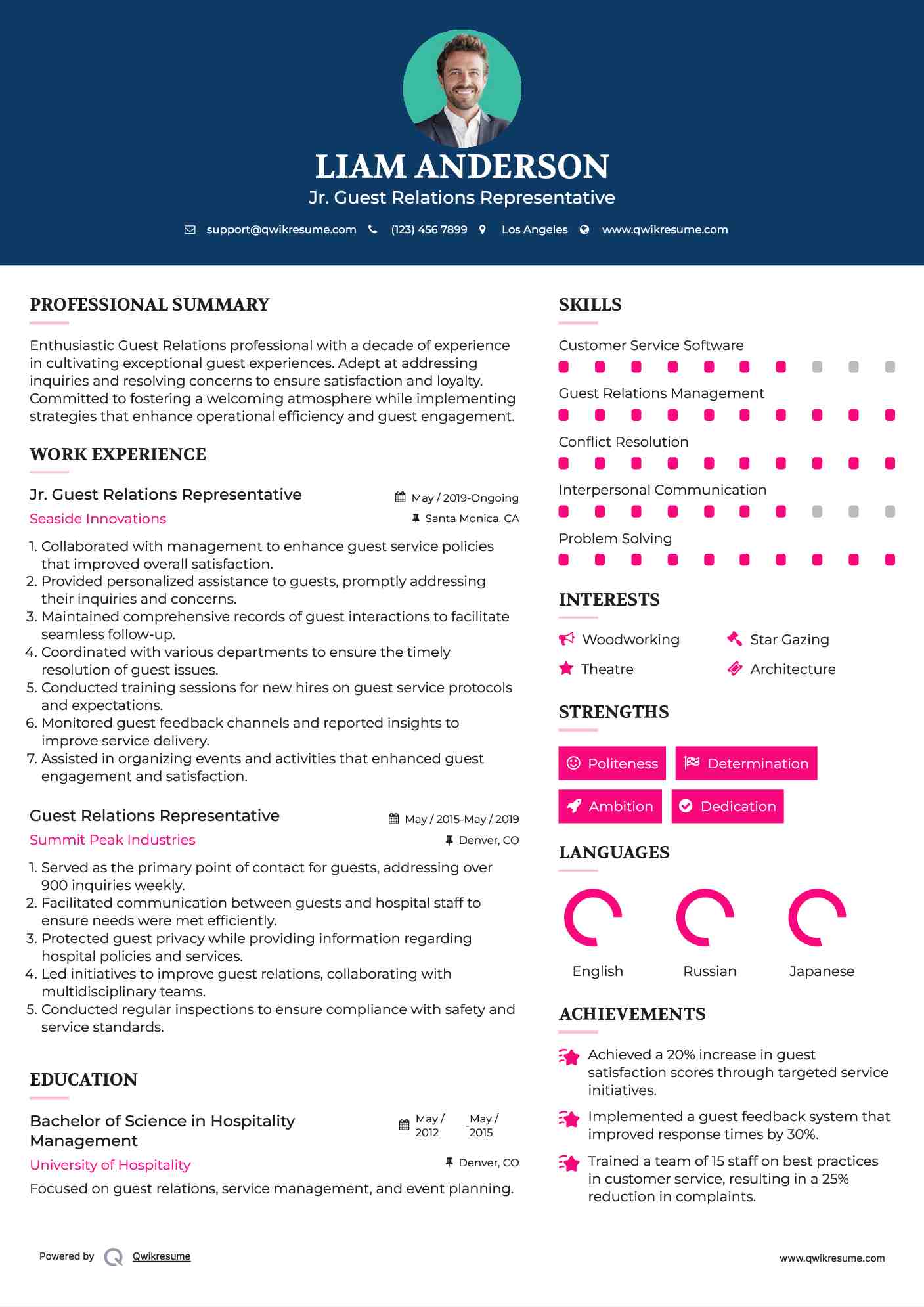 Jr. Guest Relations Representative Resume Sample