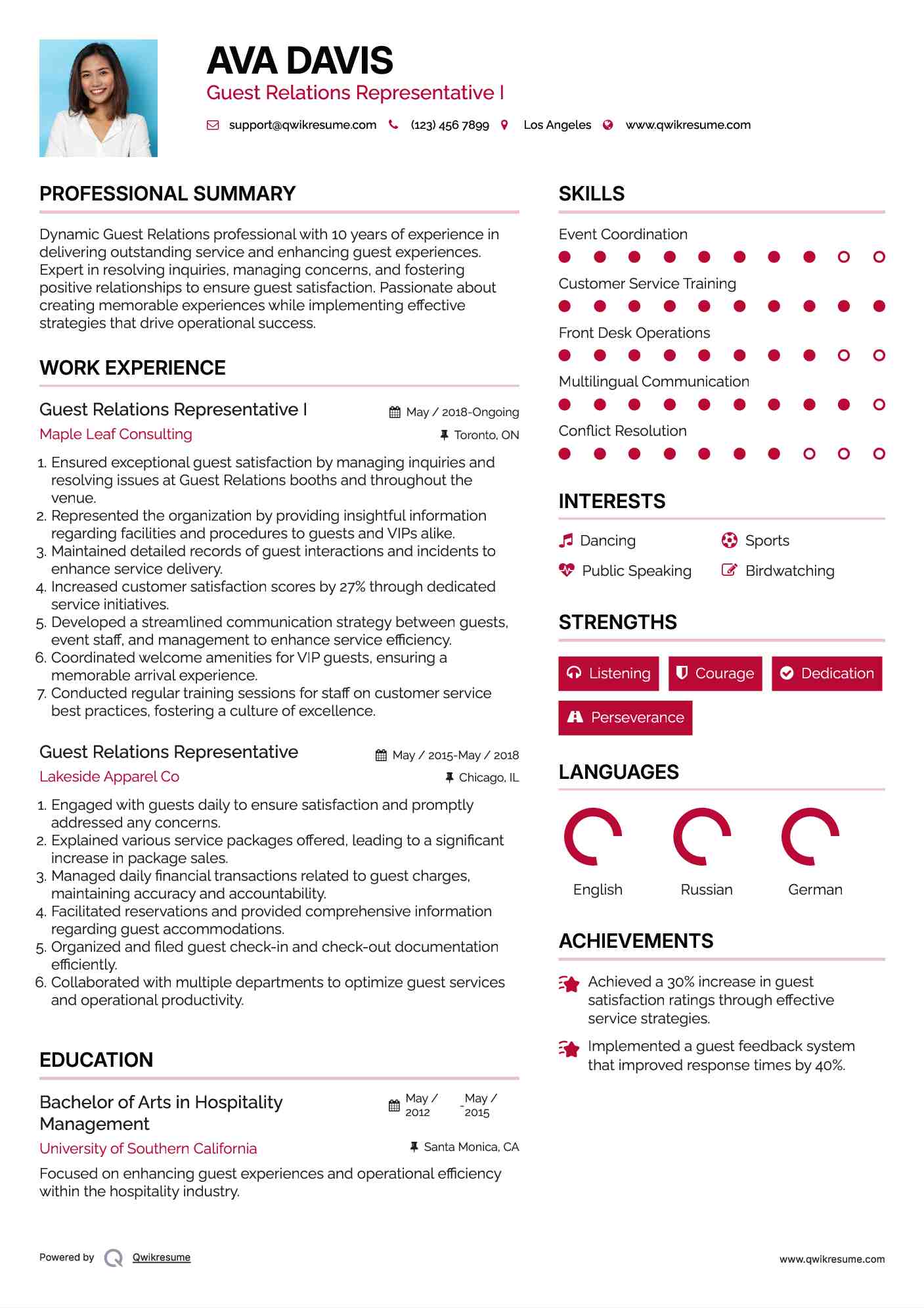 Guest Relations Representative I Resume Format