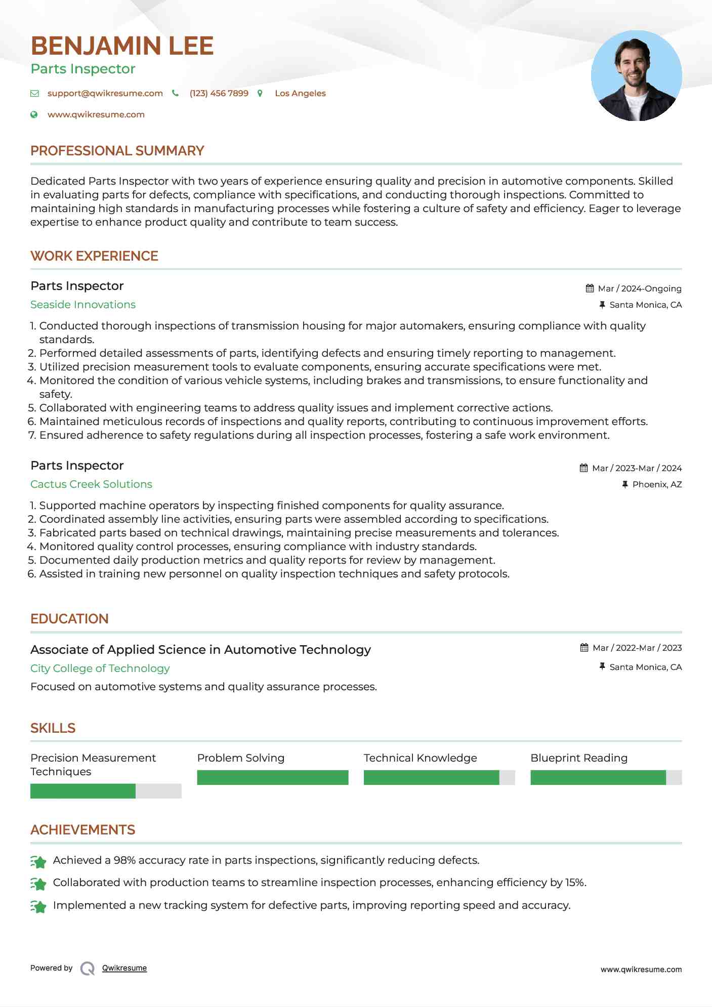 Parts Inspector Resume Model