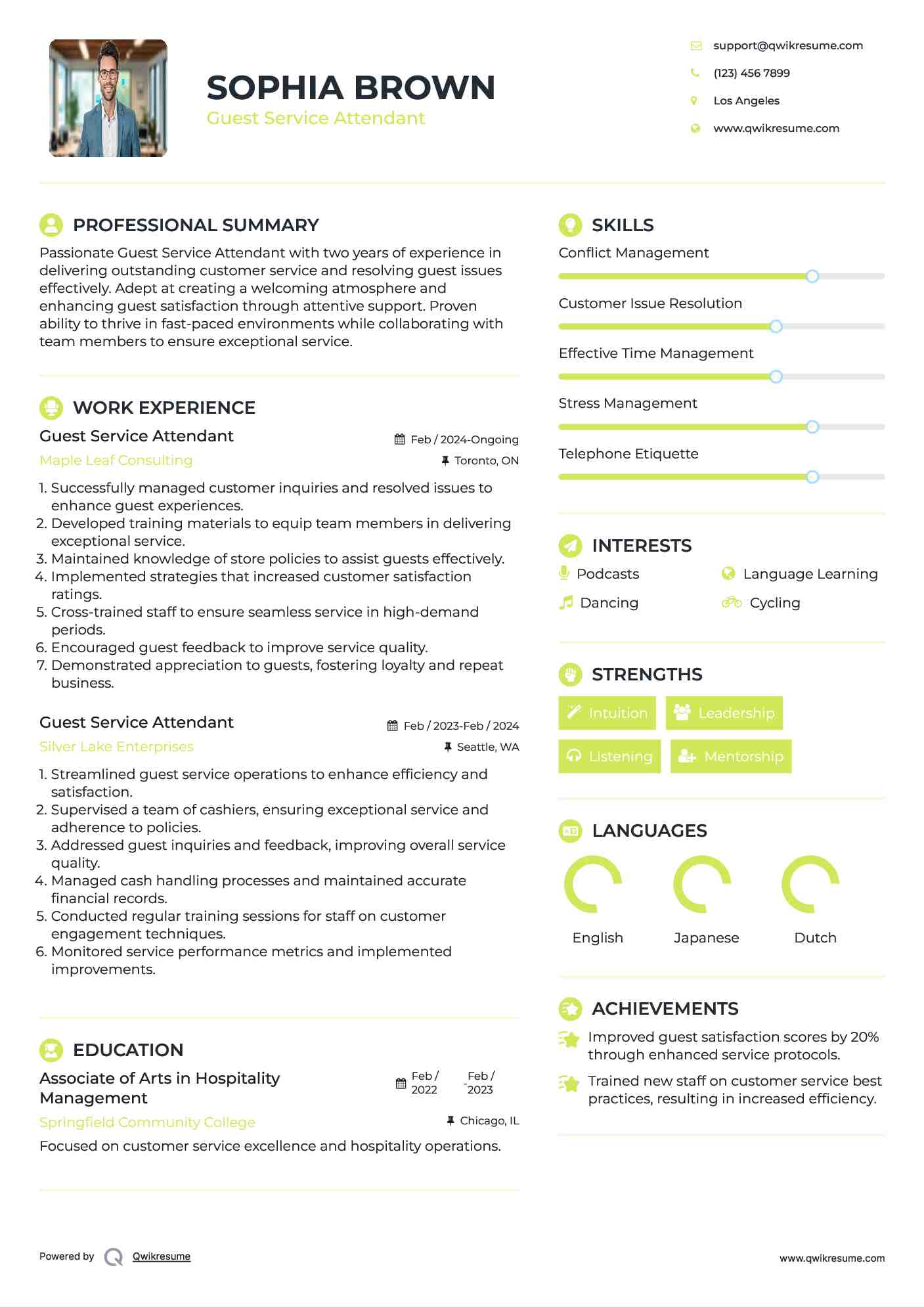 Guest Service Attendant Resume Sample