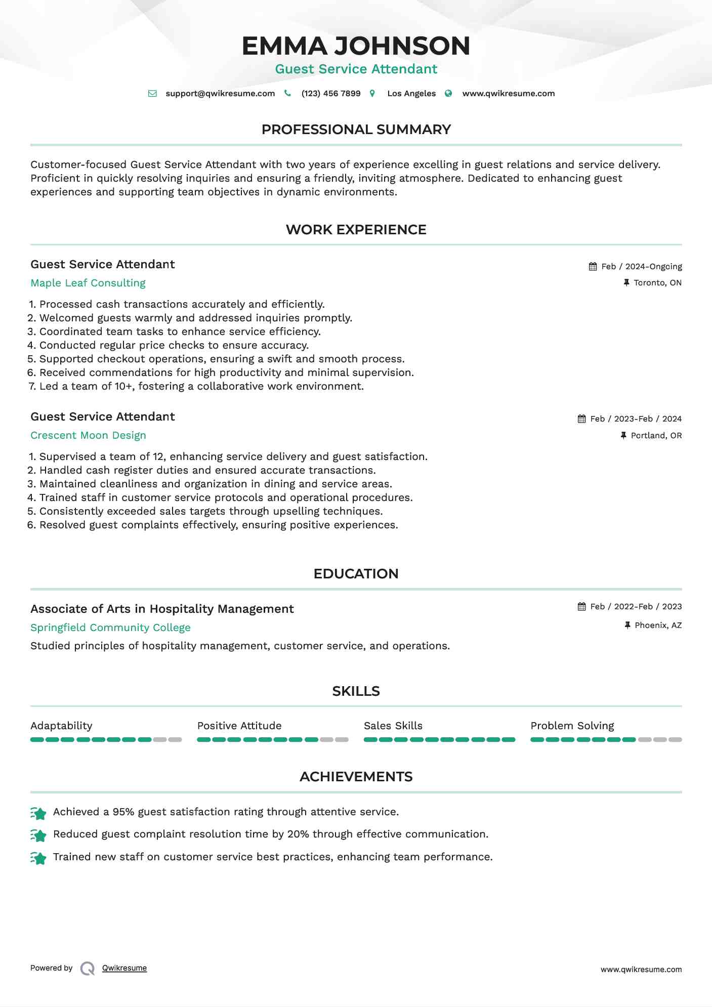Guest Service Attendant Resume Example