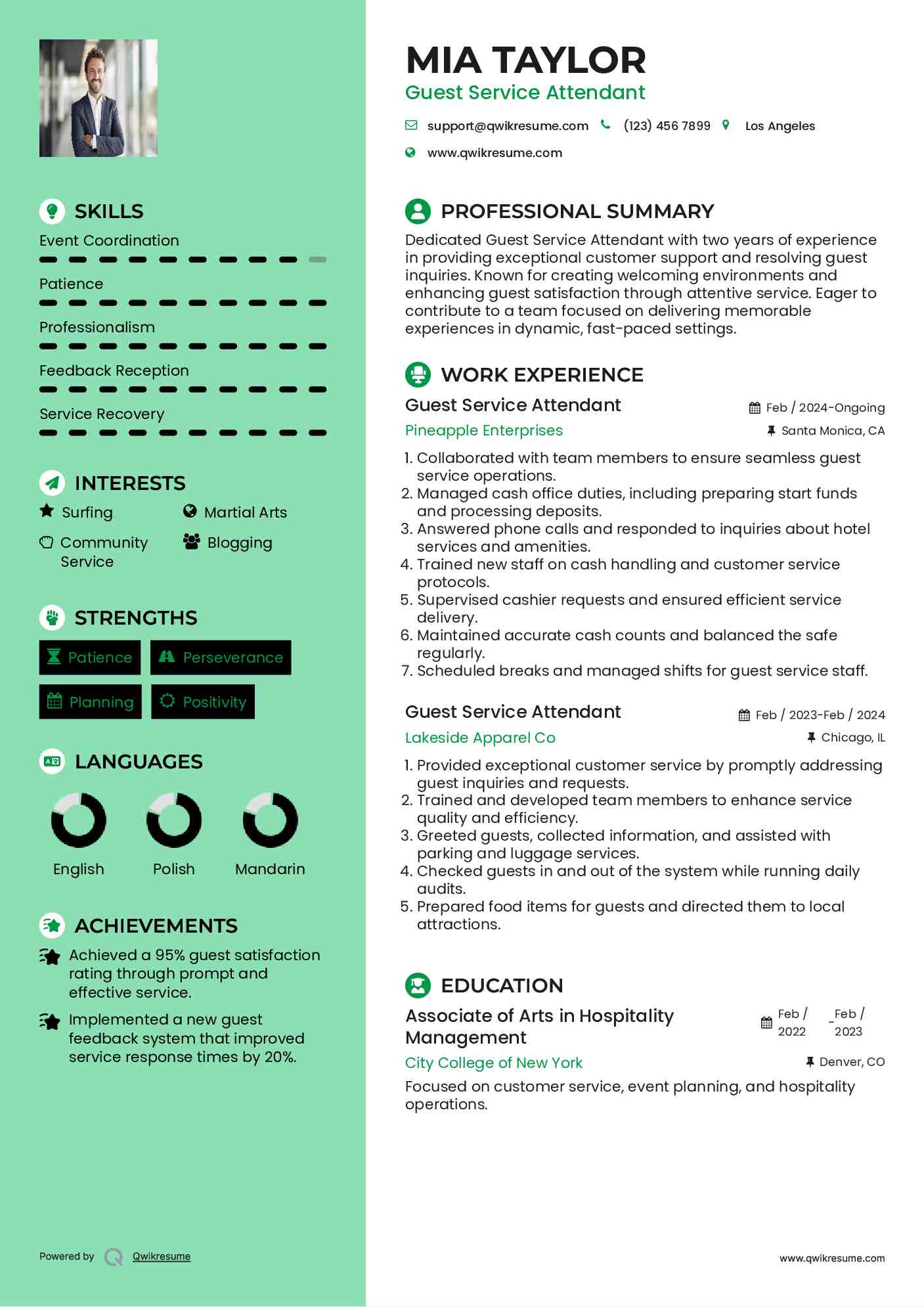 Guest Service Attendant Resume Model