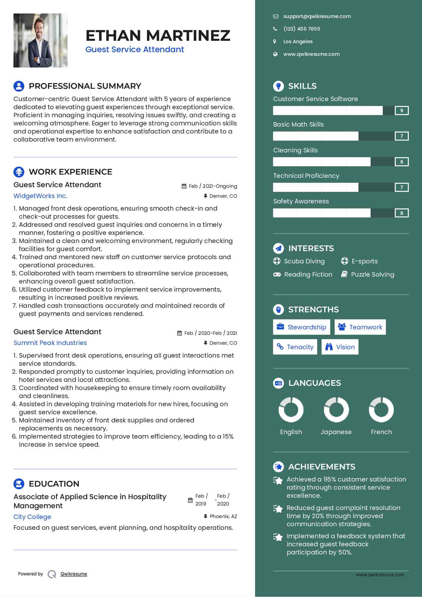 Guest Service Attendant Resume Sample