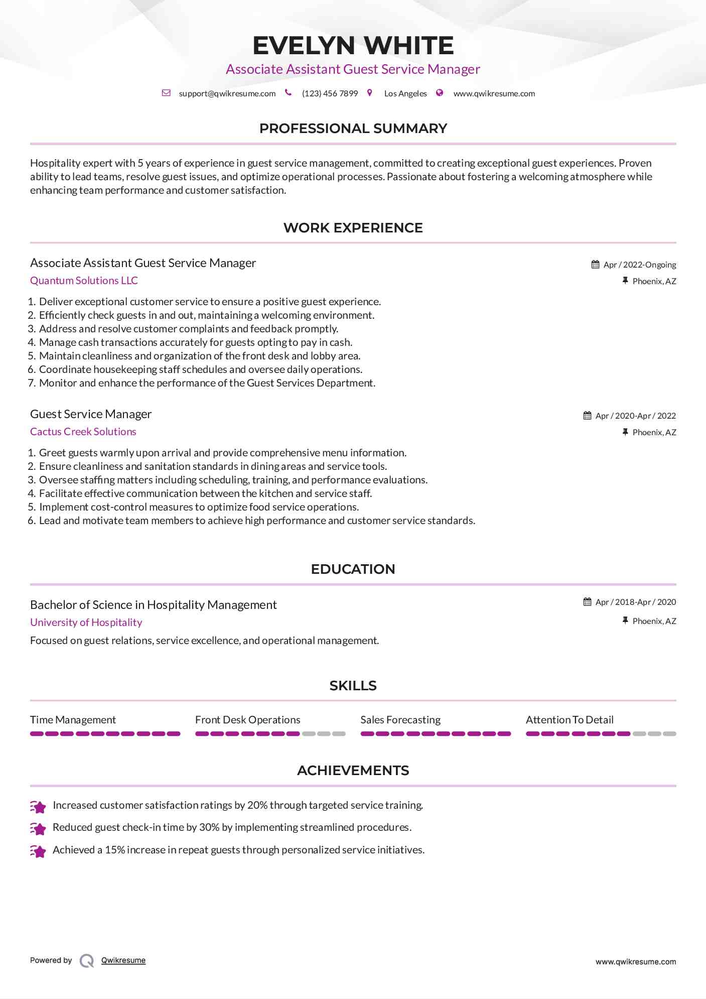 Associate Assistant Guest Service Manager Resume Sample