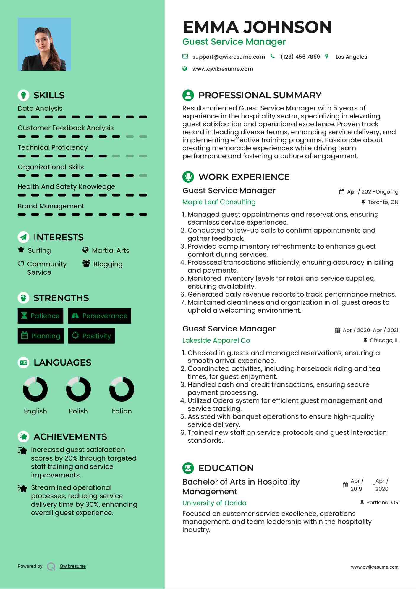 Guest Service Manager Resume Example