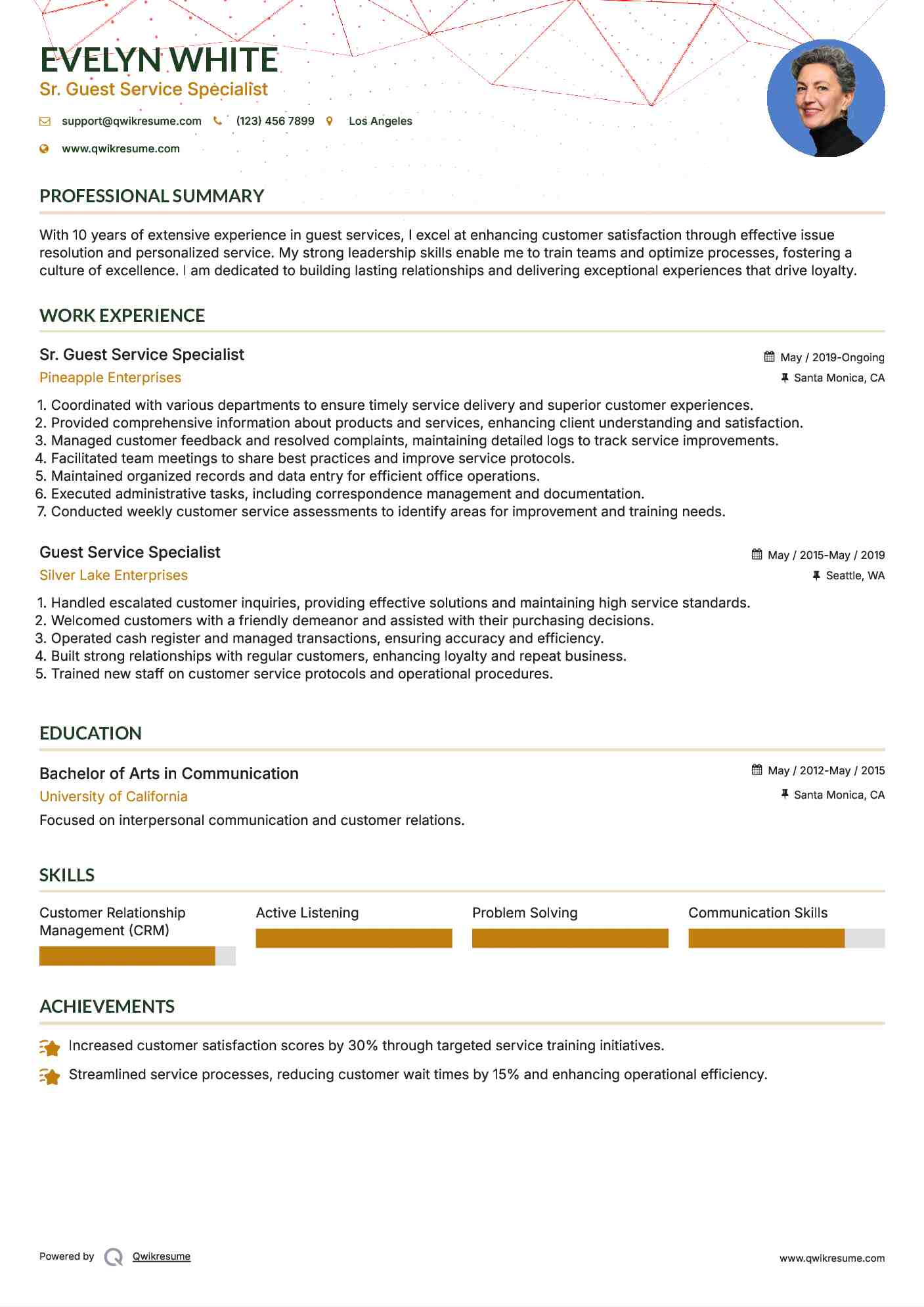 Sr. Guest Service Specialist Resume Sample