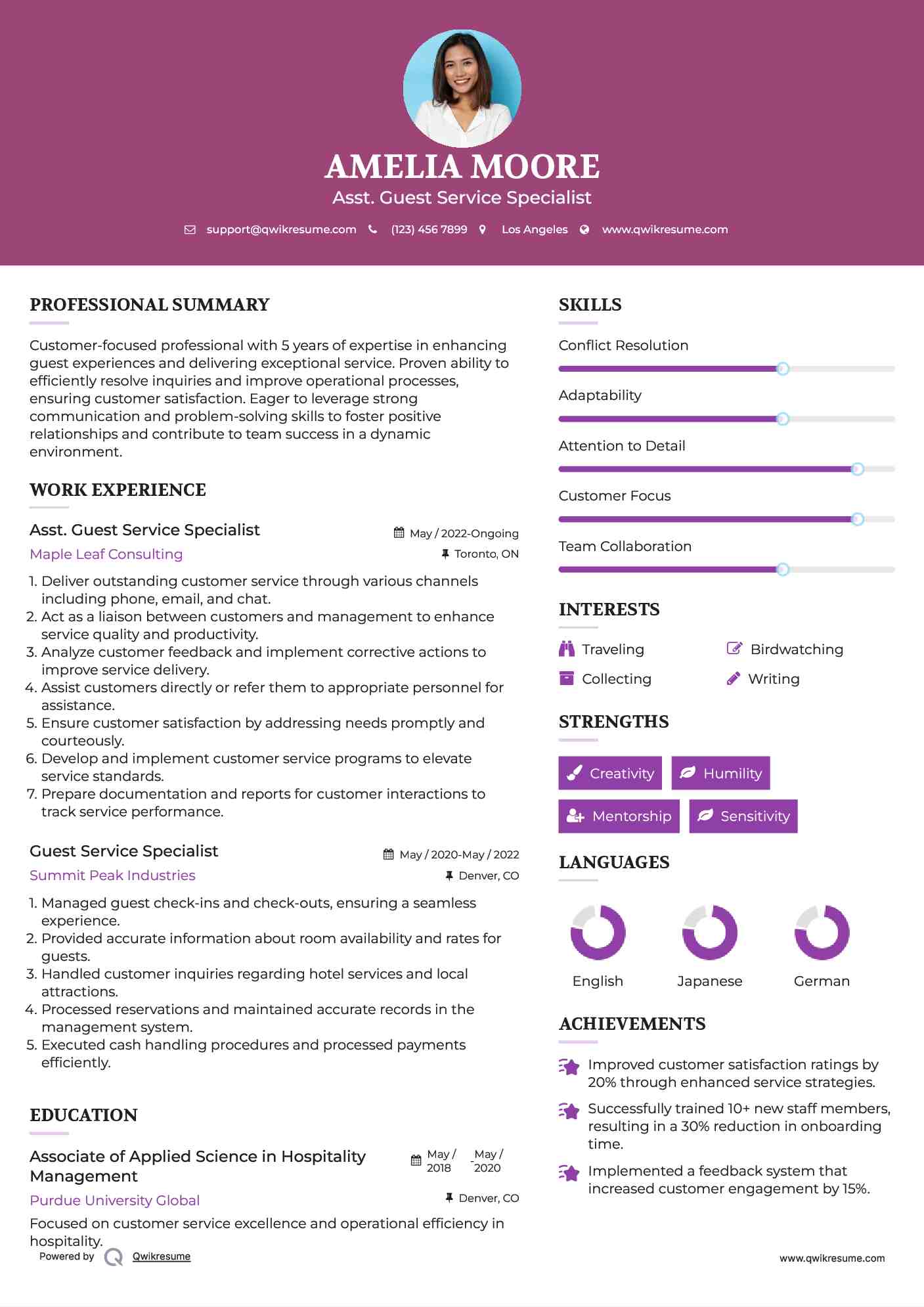 Asst. Guest Service Specialist Resume Template