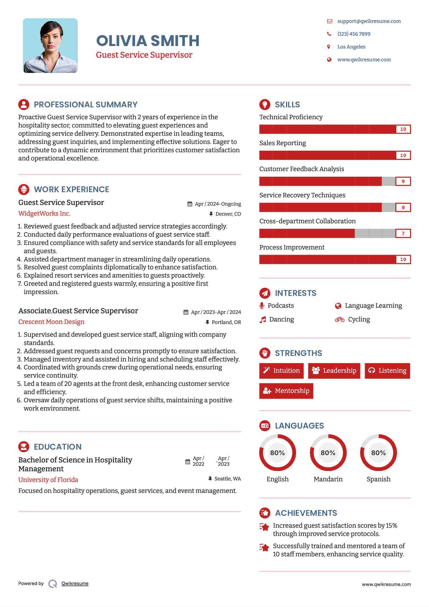 Guest Service Supervisor Resume Sample