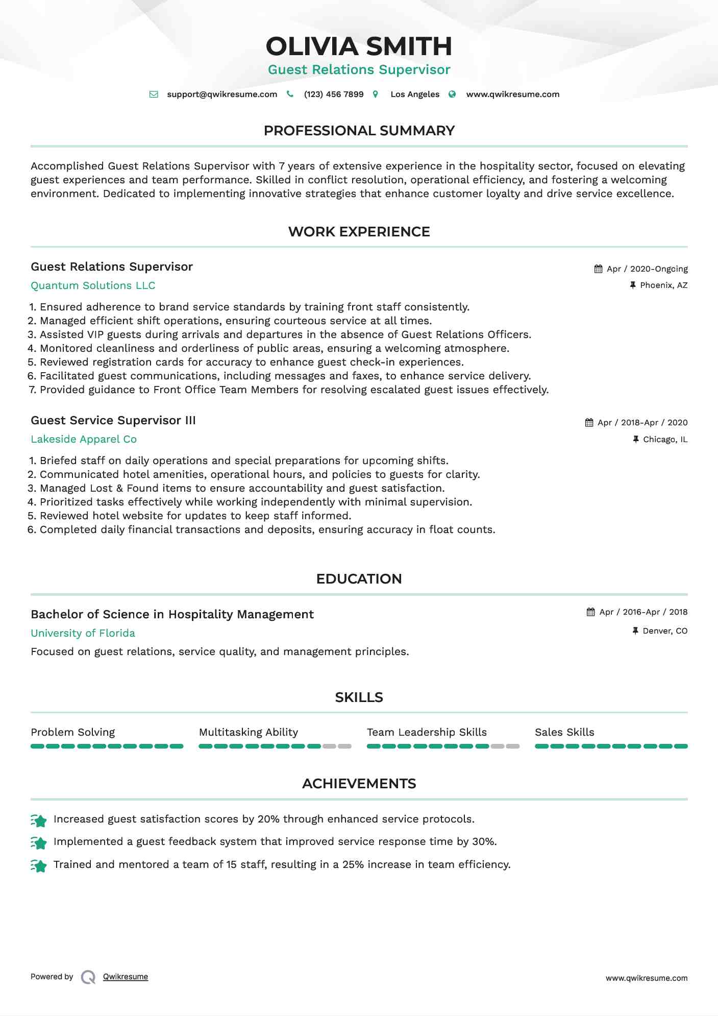Guest Relations Supervisor Resume Sample