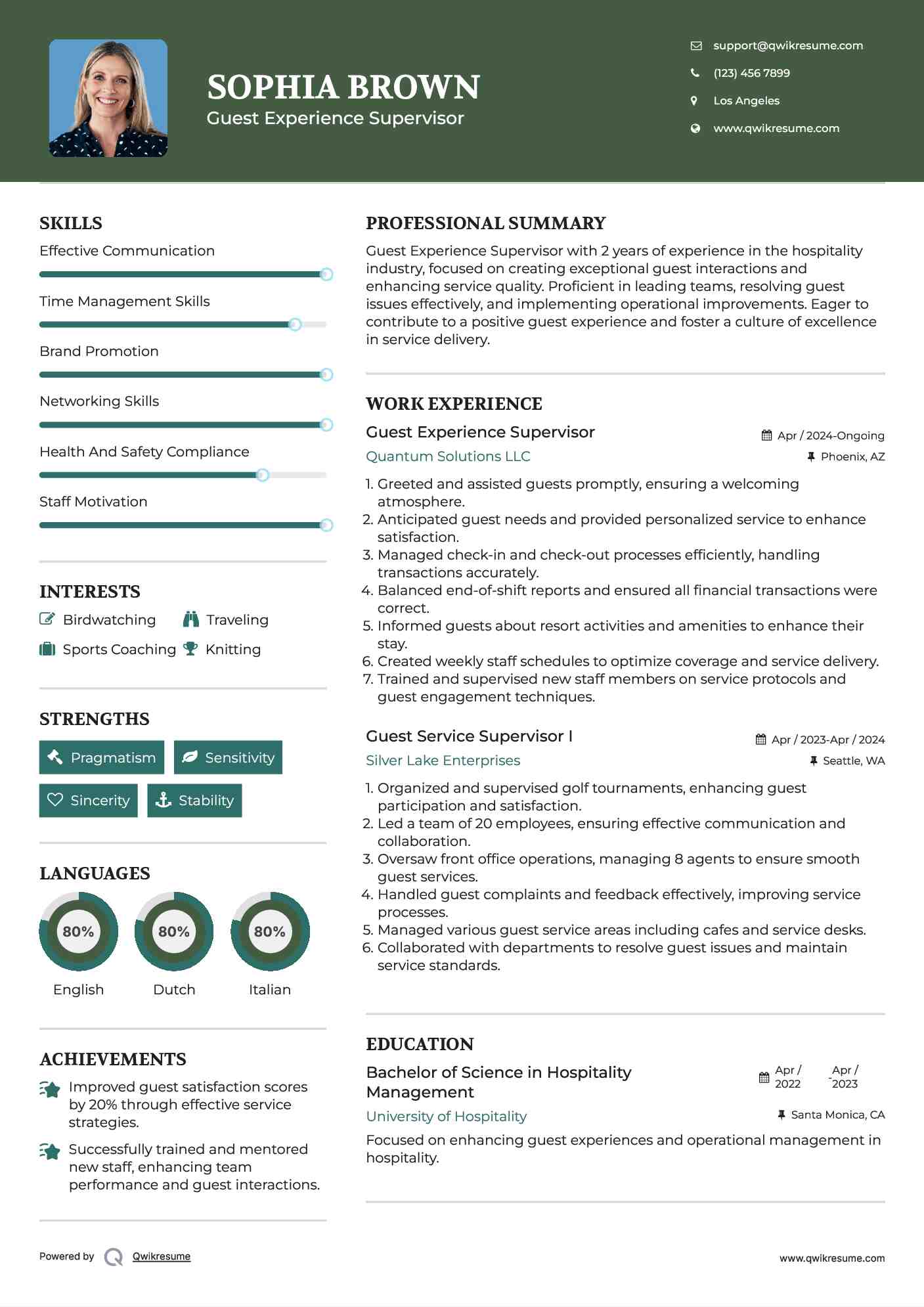 Guest Experience Supervisor Resume Sample