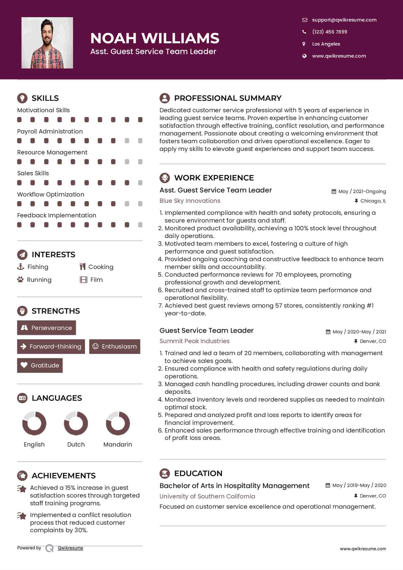 Asst. Guest Service Team Leader Resume Model