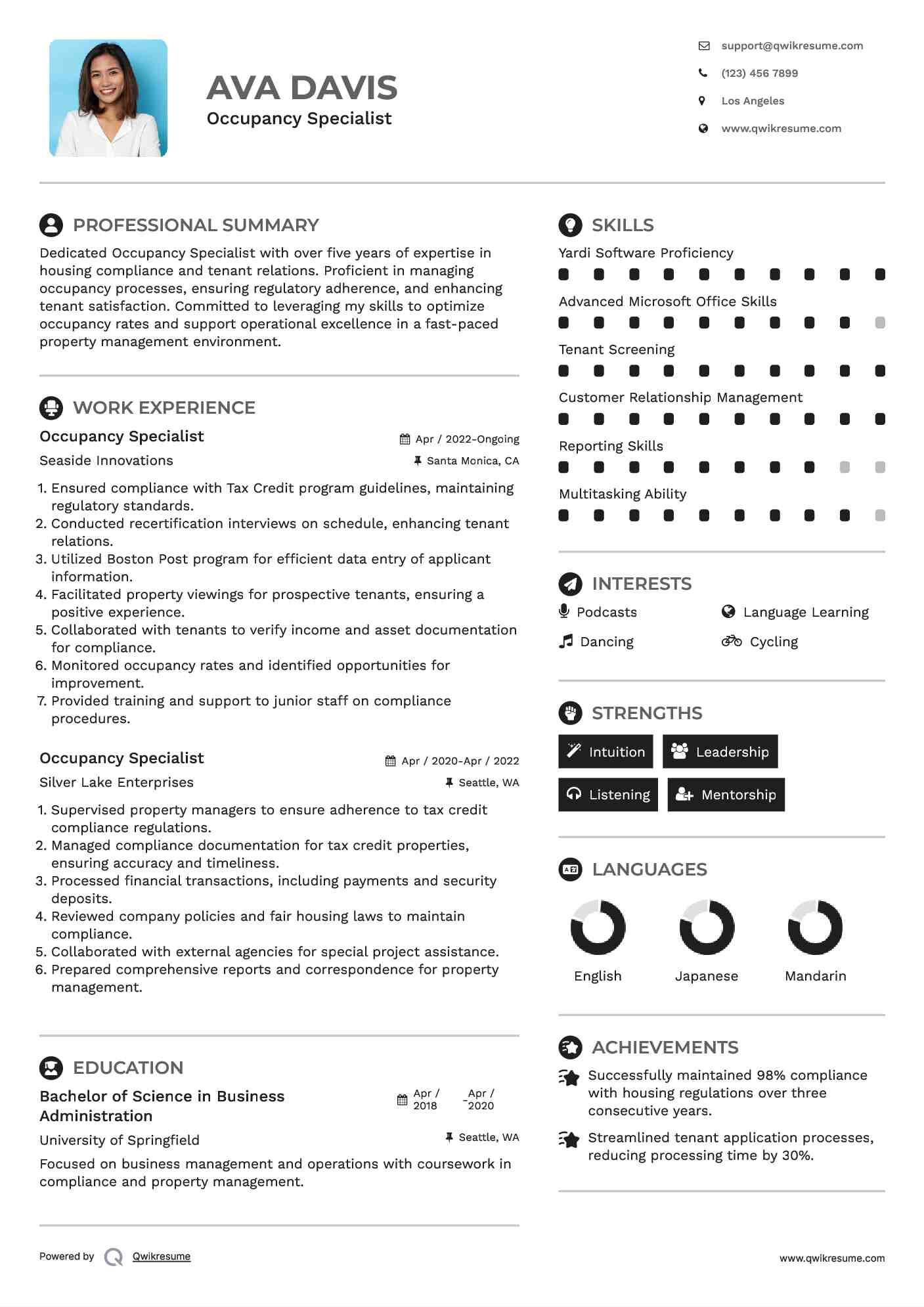 Occupancy Specialist Resume Template