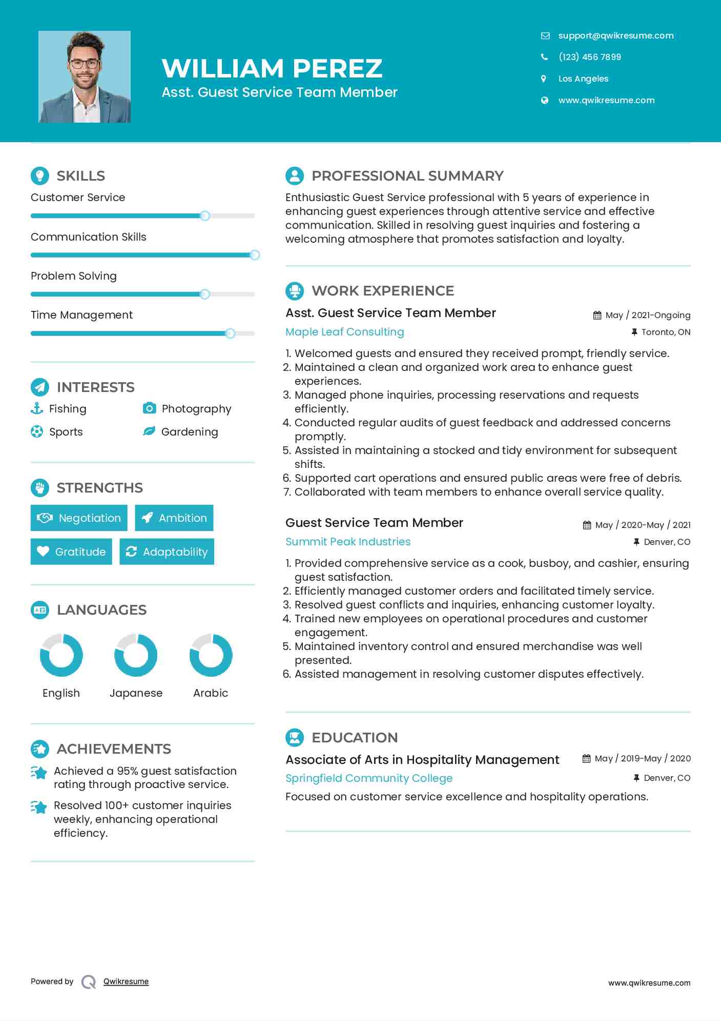 Asst. Guest Service Team Member Resume Sample