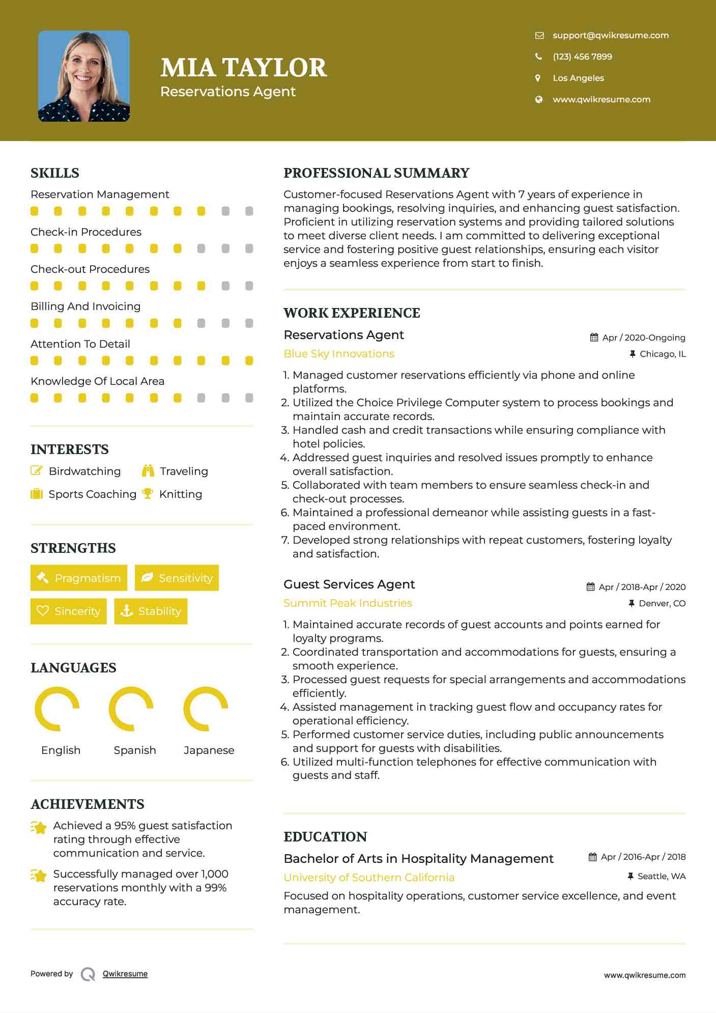 Reservations Agent Resume Template