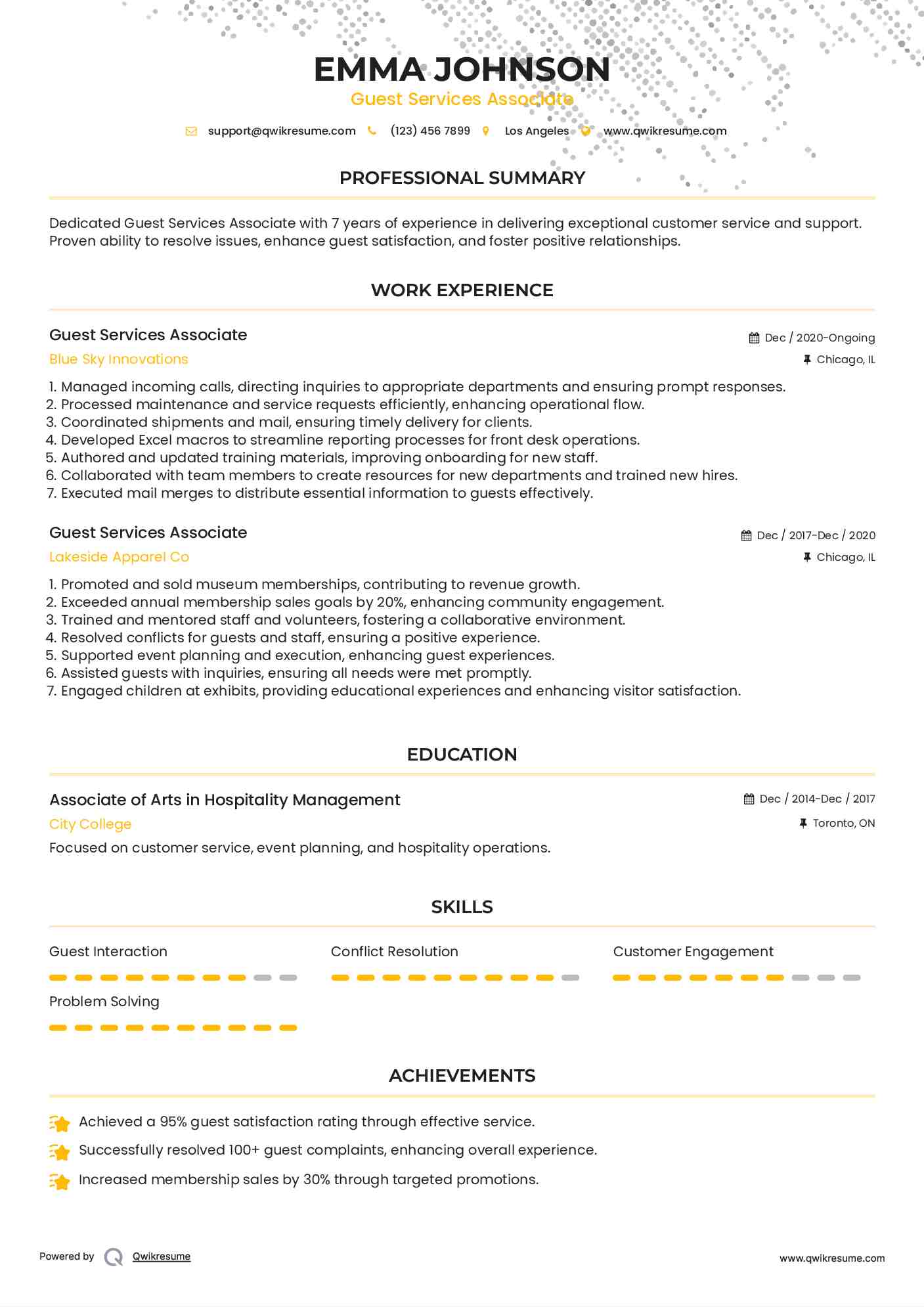 Guest Services Associate Resume Sample