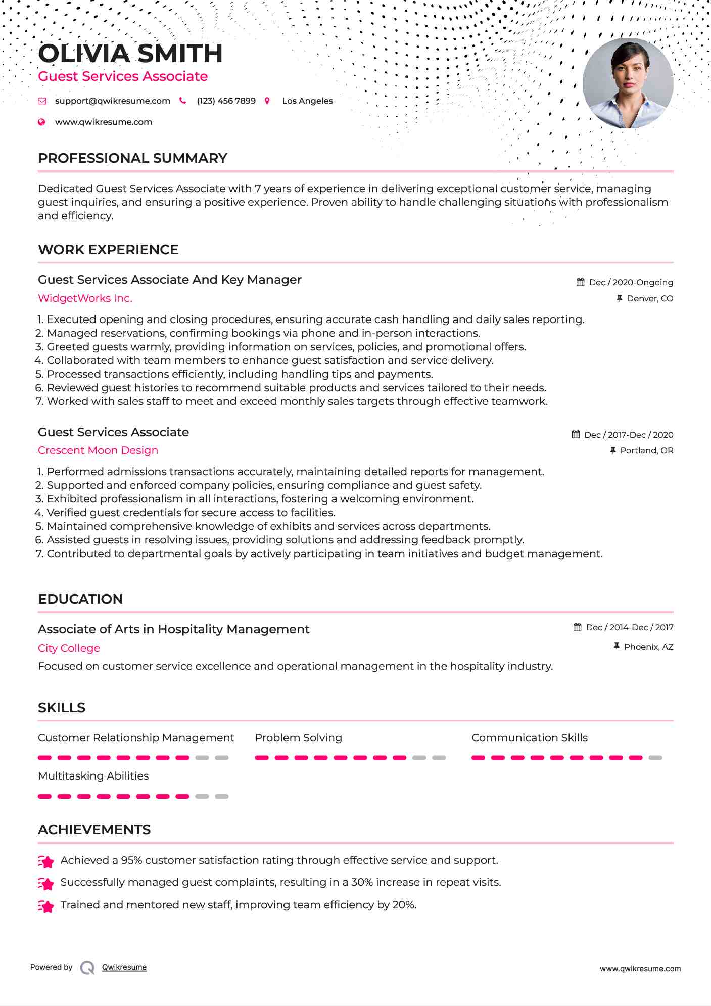 Guest Services Associate And Key Manager Resume Sample