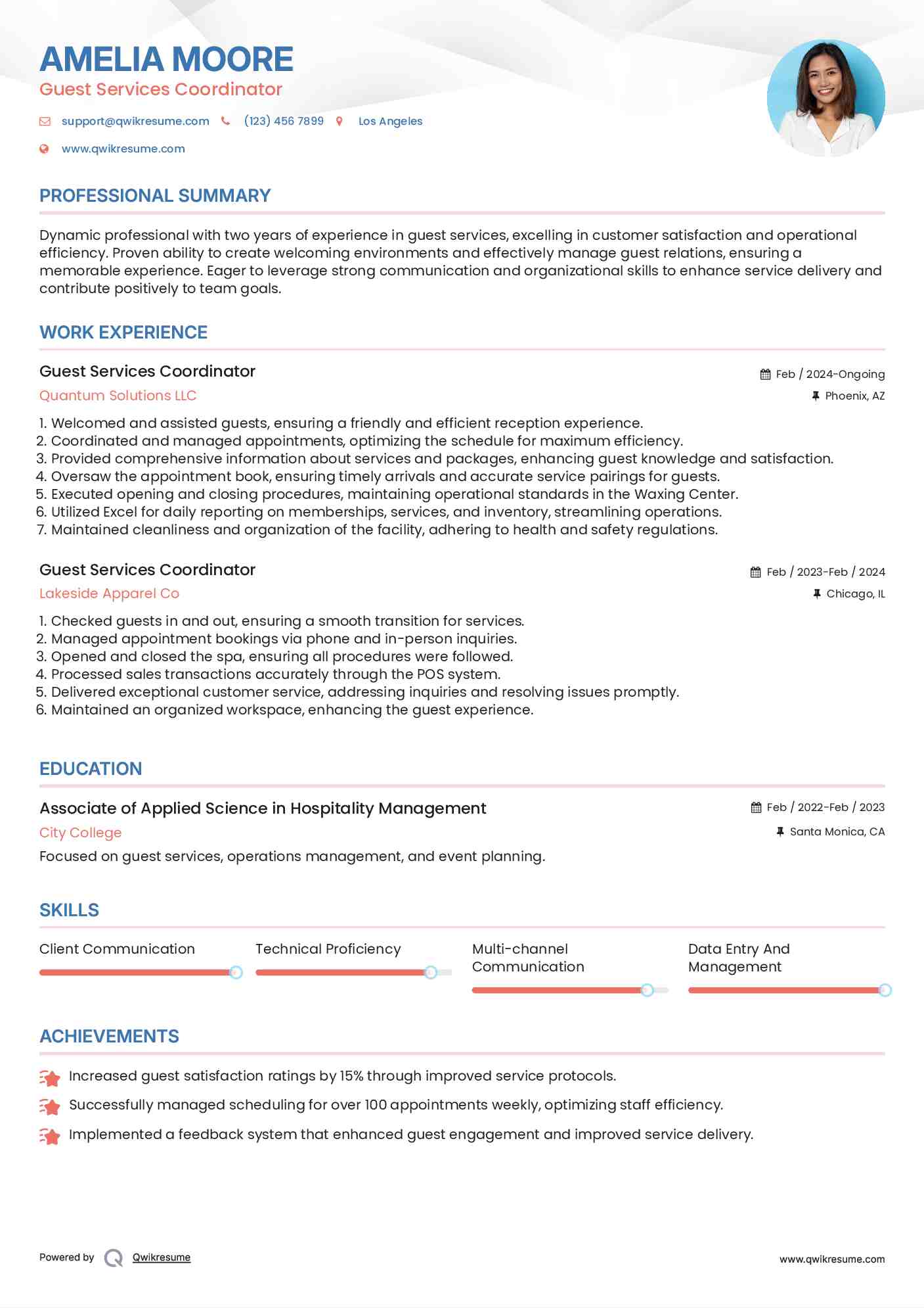 Guest Services Coordinator Resume Format