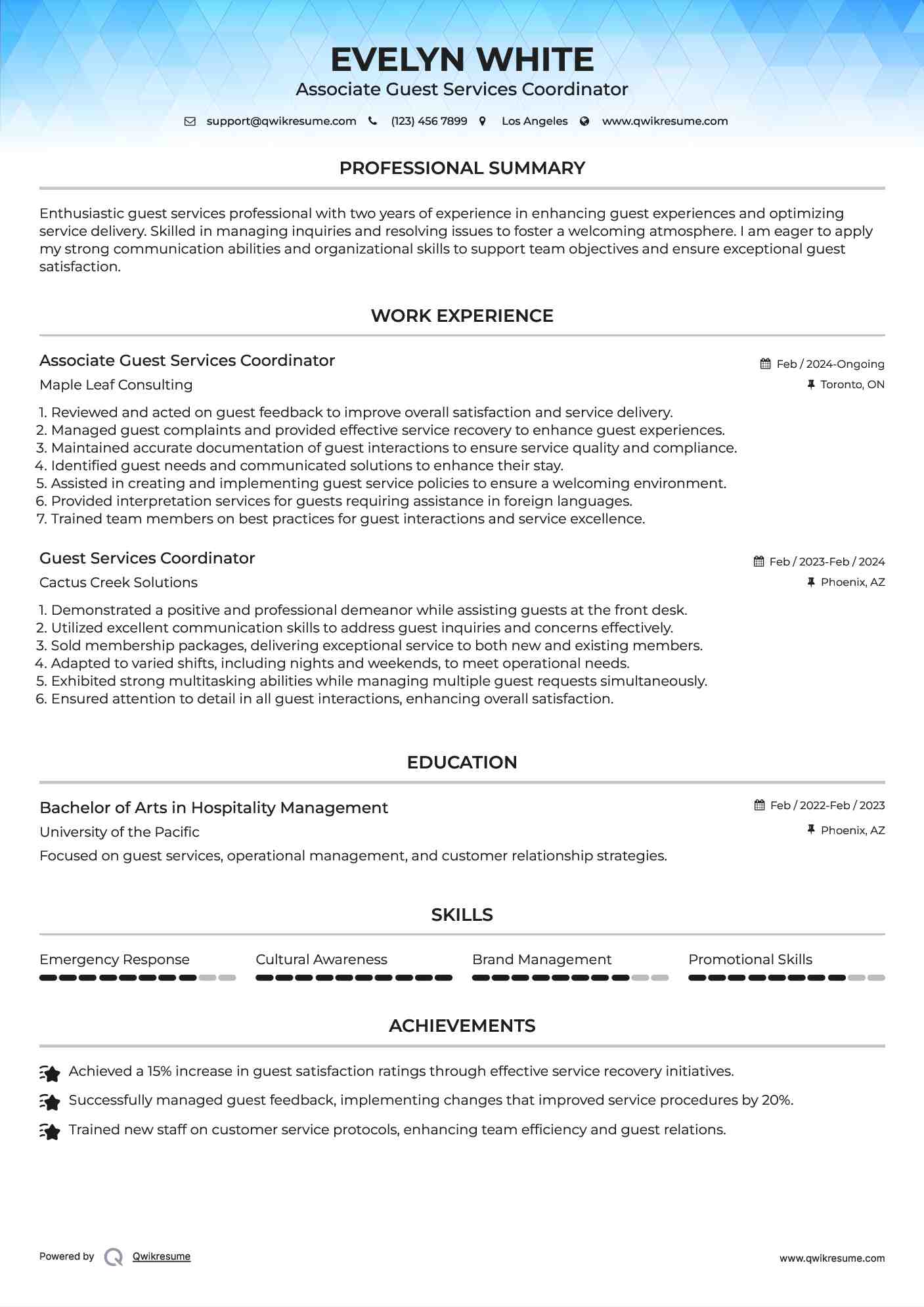 Associate Guest Services Coordinator  Resume Model