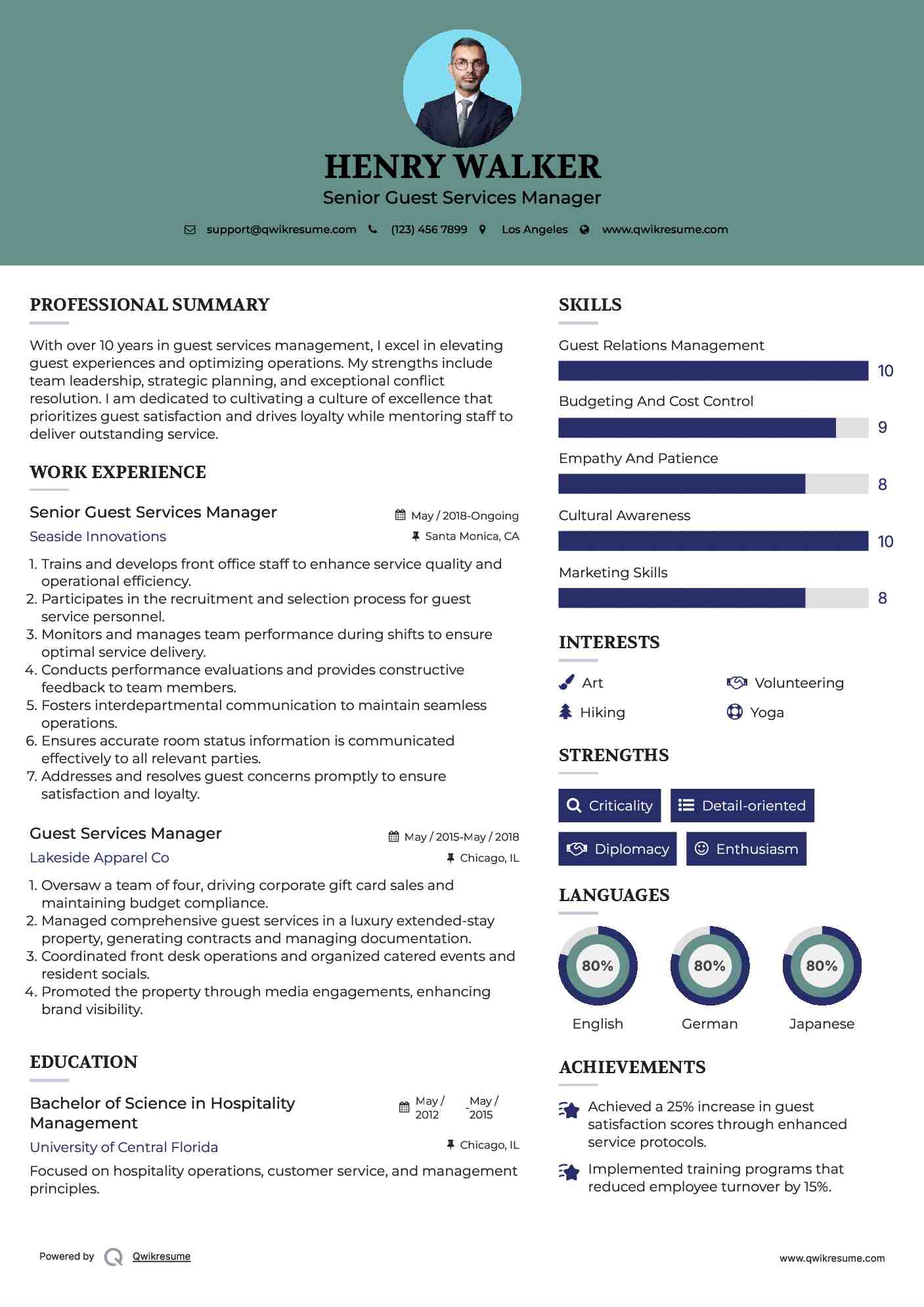 Senior Guest Services Manager Resume Format