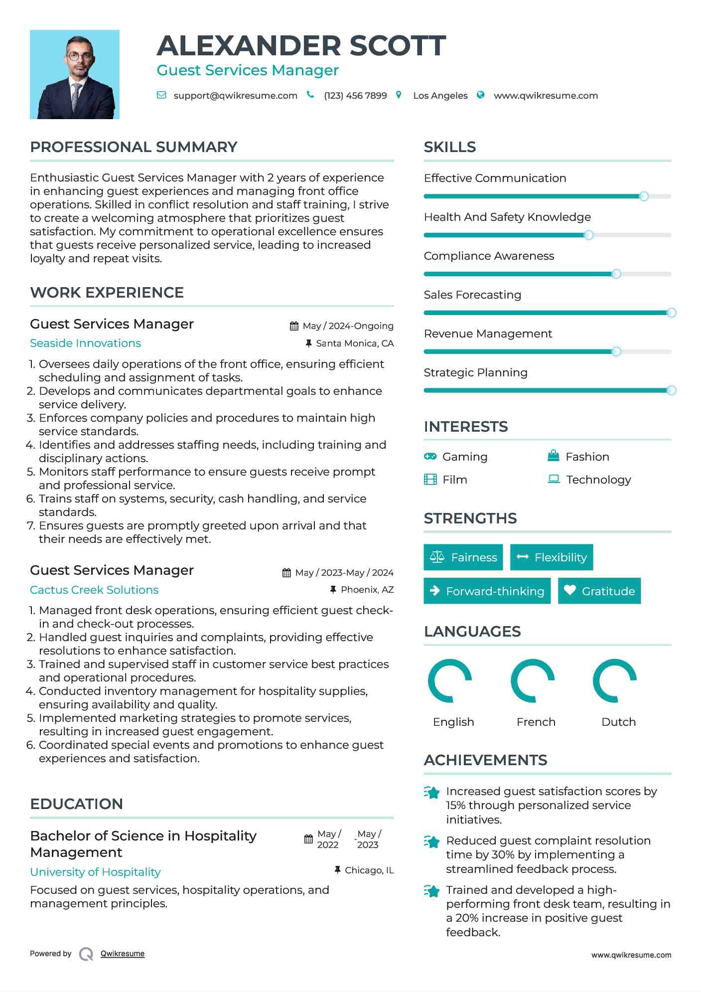 Guest Services Manager Resume Example