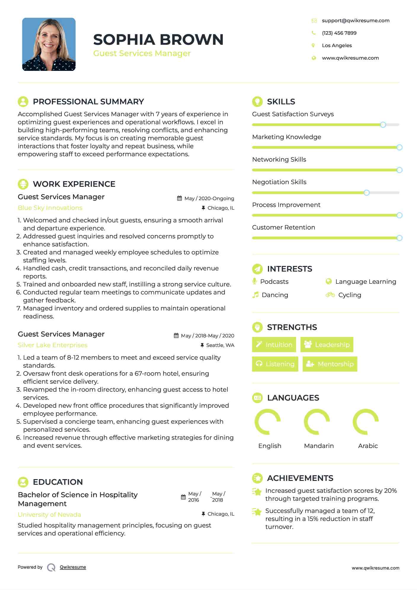 Guest Services Manager Resume Format