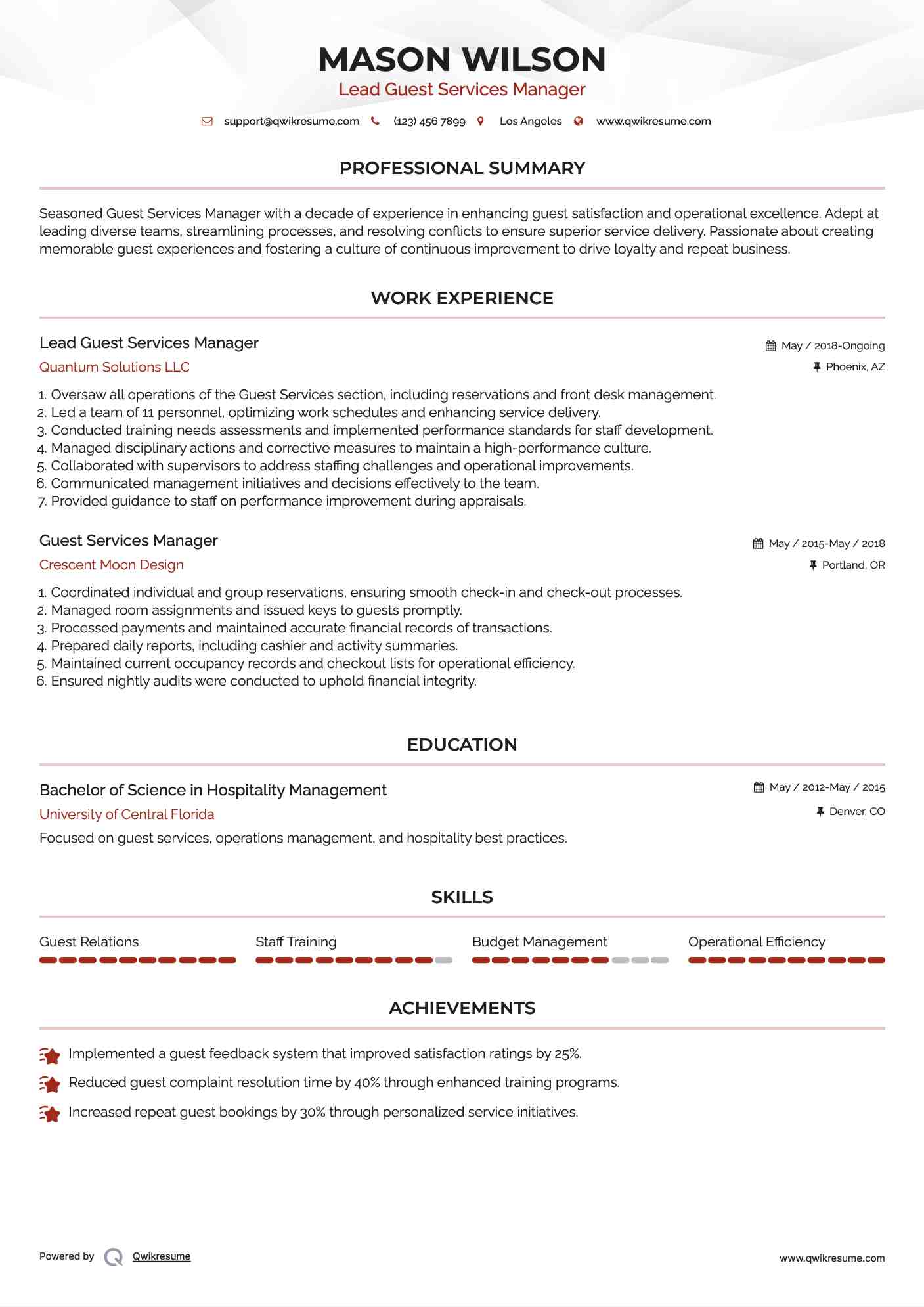Lead Guest Services Manager Resume Template