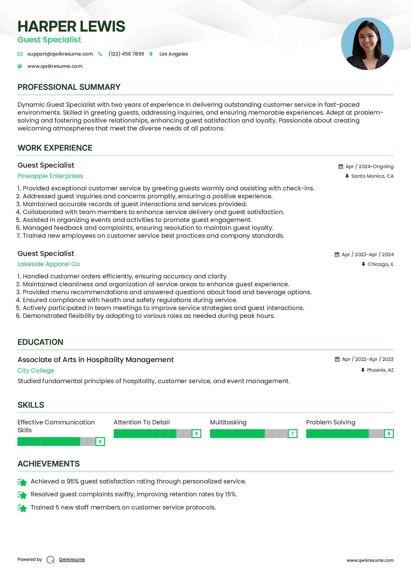 Guest Specialist Resume Example
