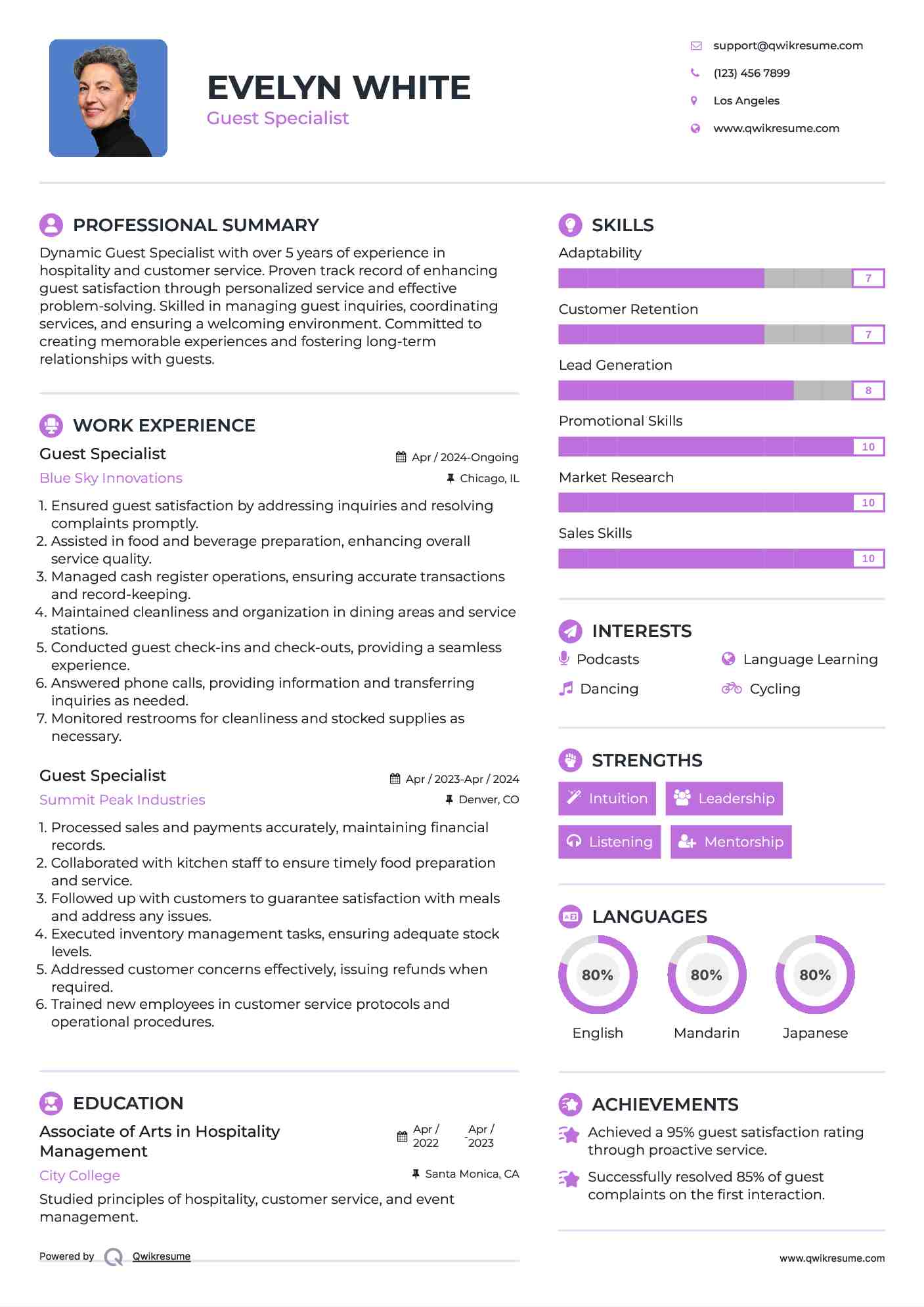 Guest Specialist Resume Example