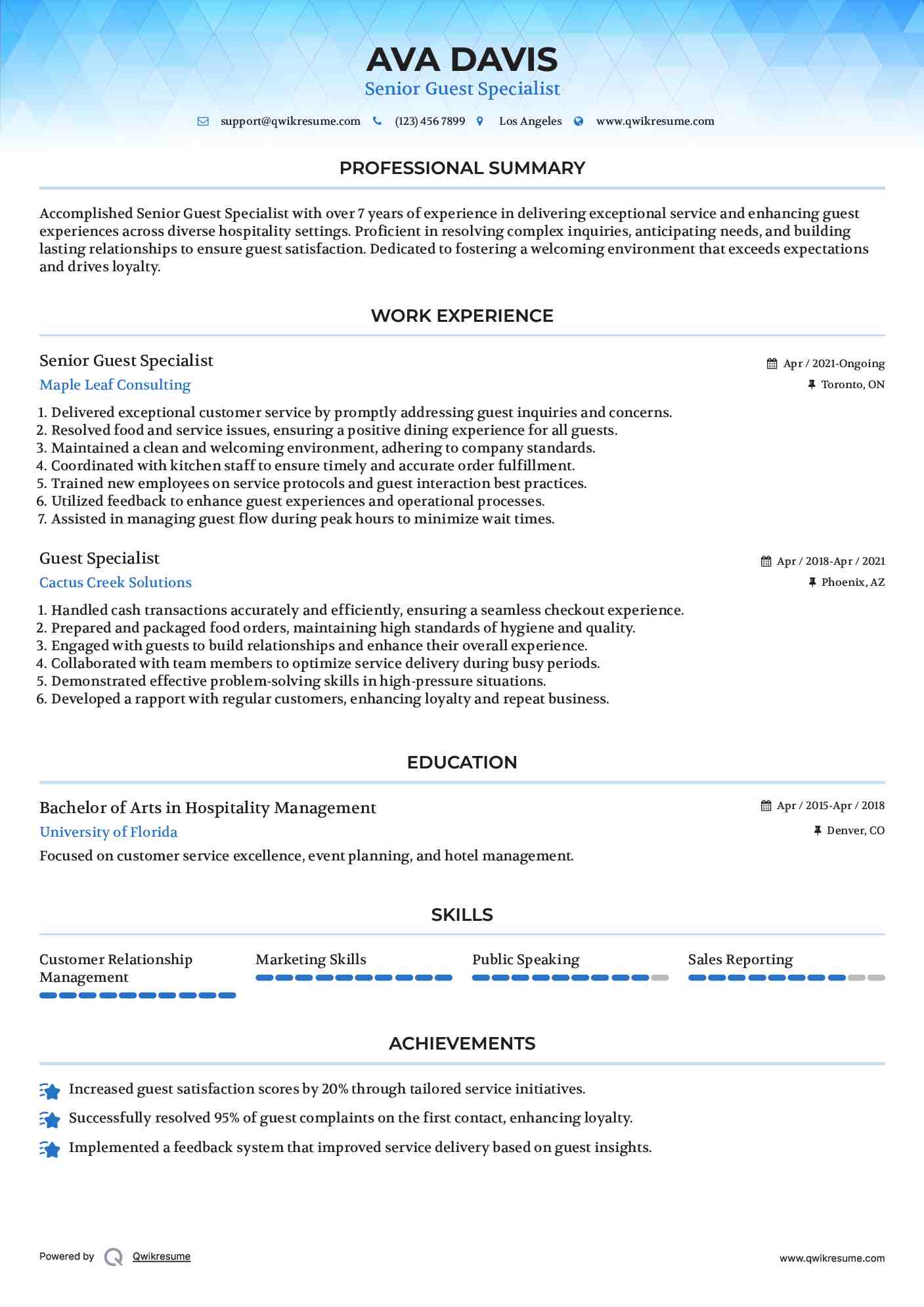 Senior Guest Specialist Resume Example