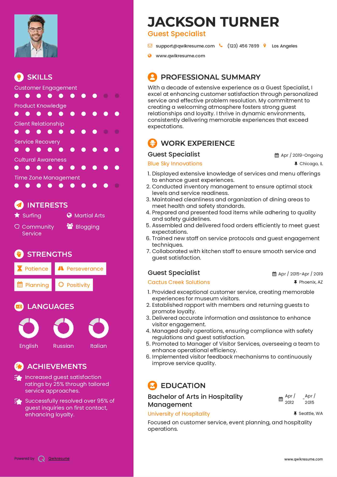 Guest Specialist Resume Model