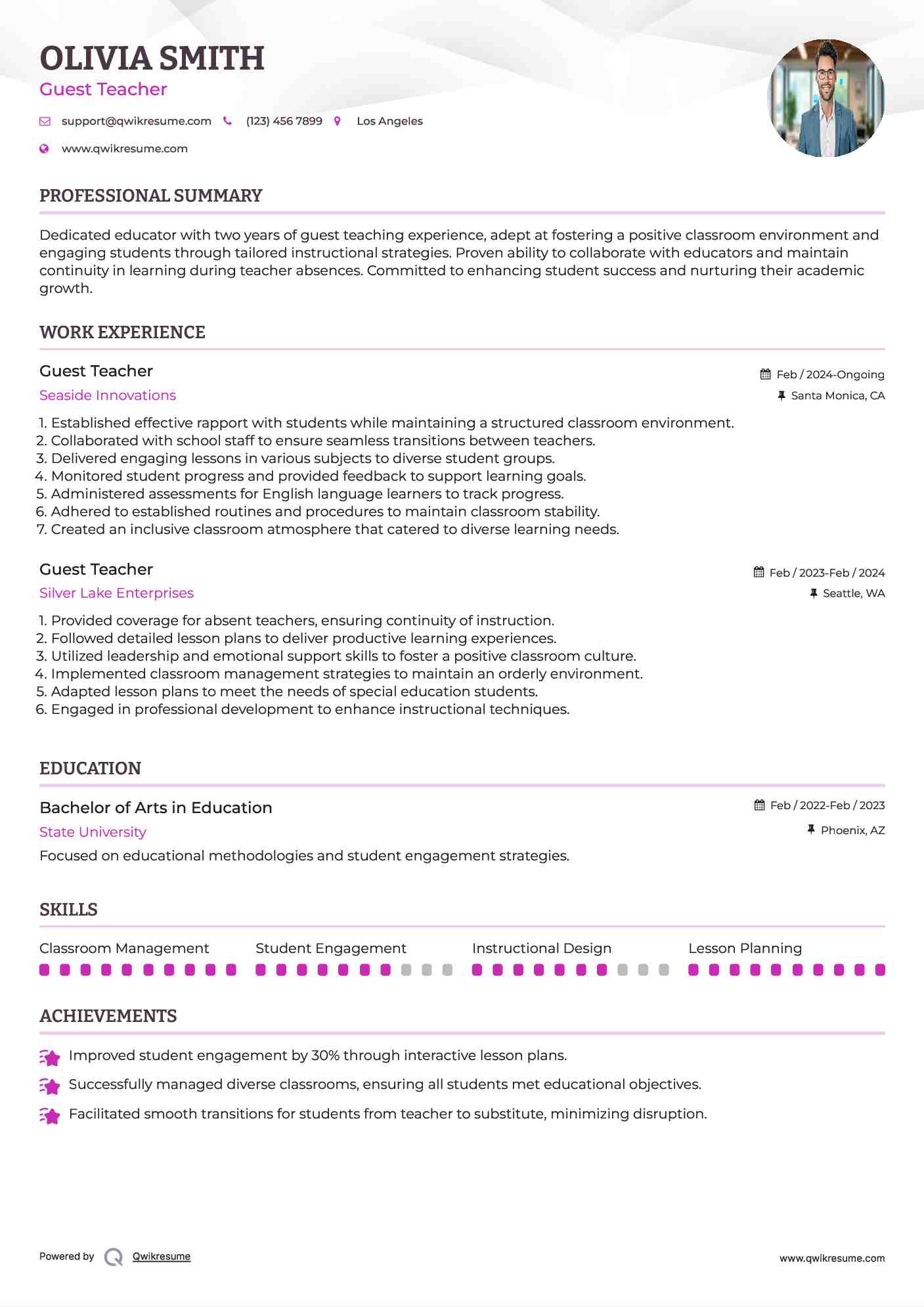 Guest Teacher Resume Example