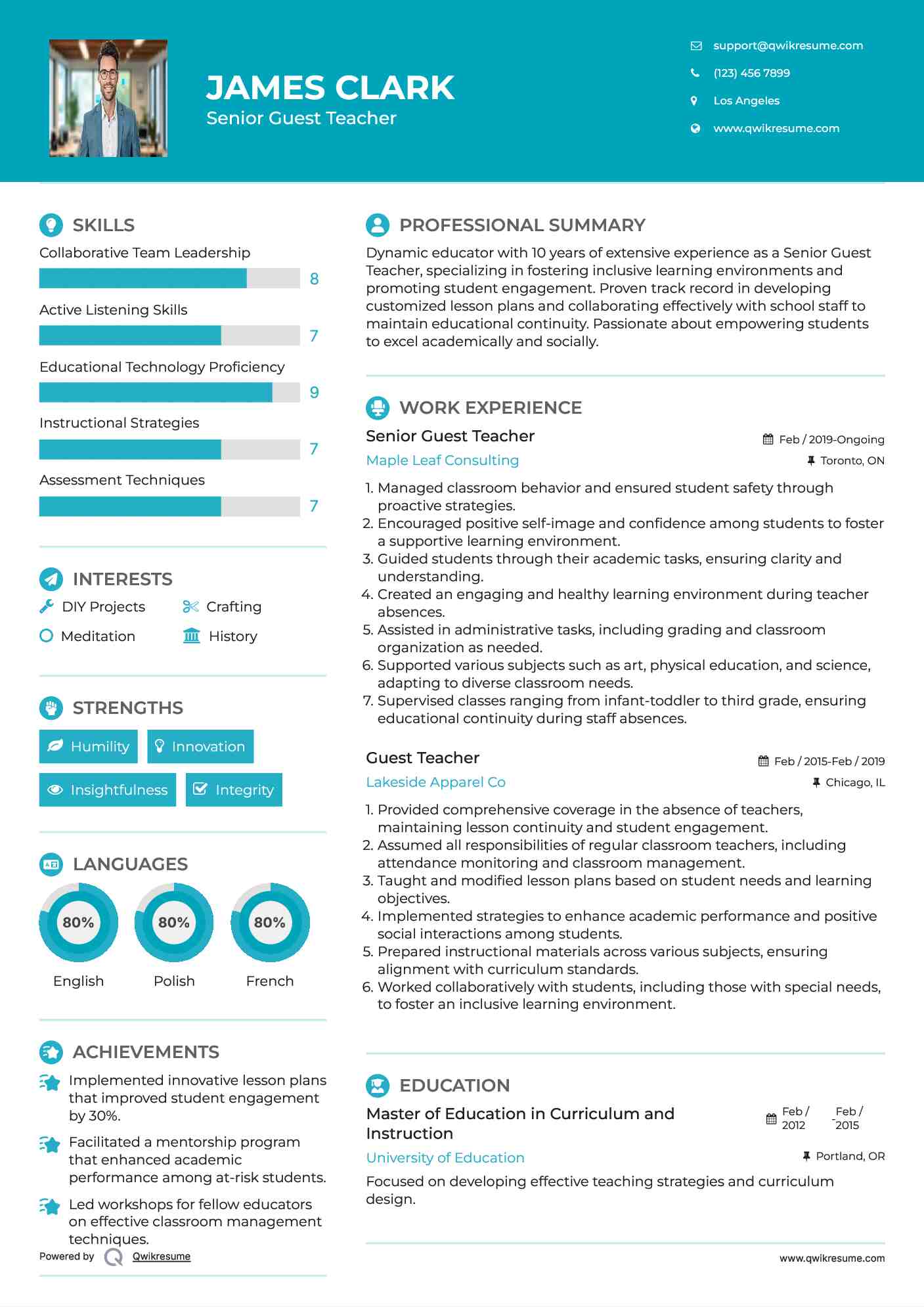 Senior Guest Teacher Resume Sample