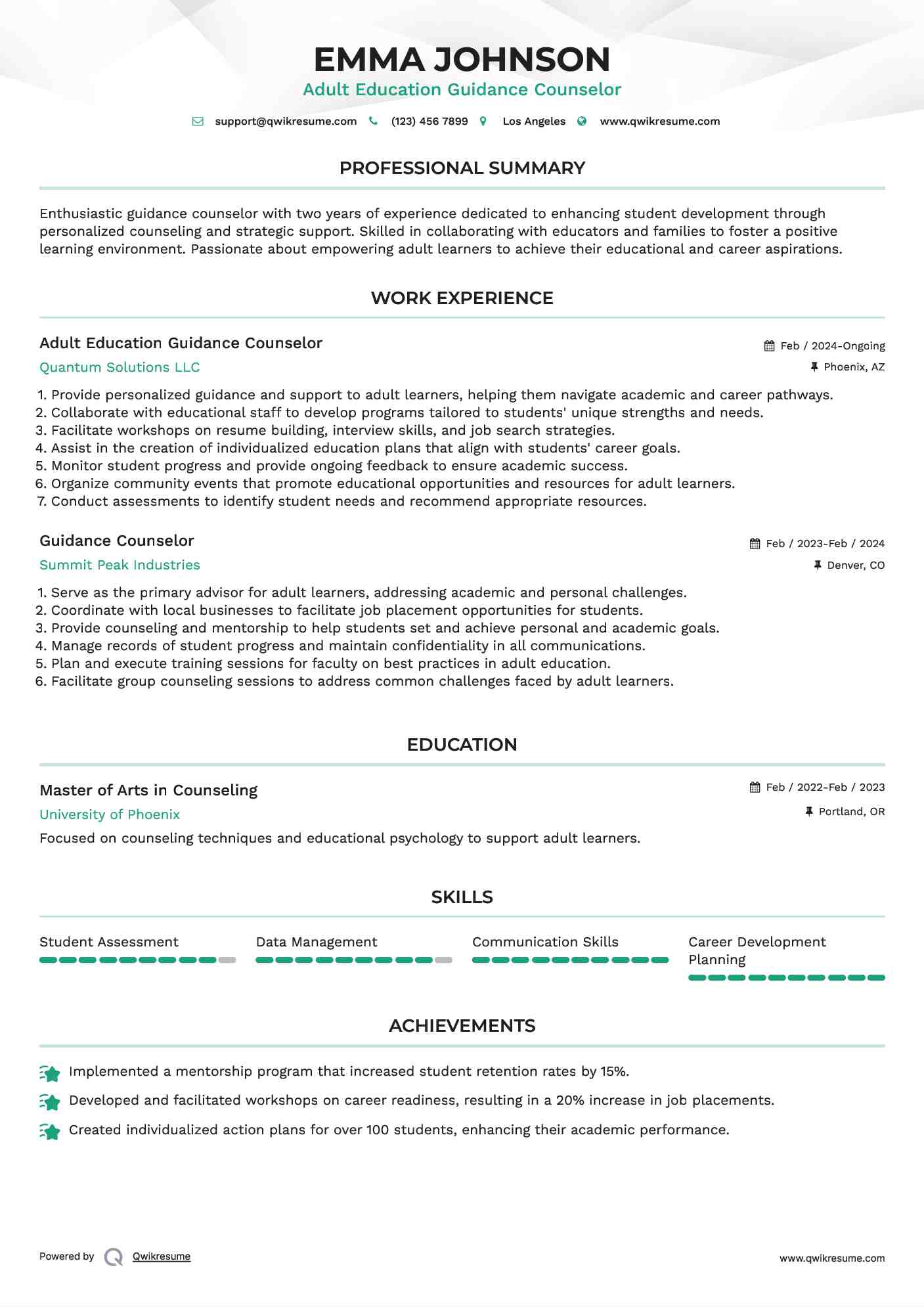 Adult Education Guidance Counselor Resume Example