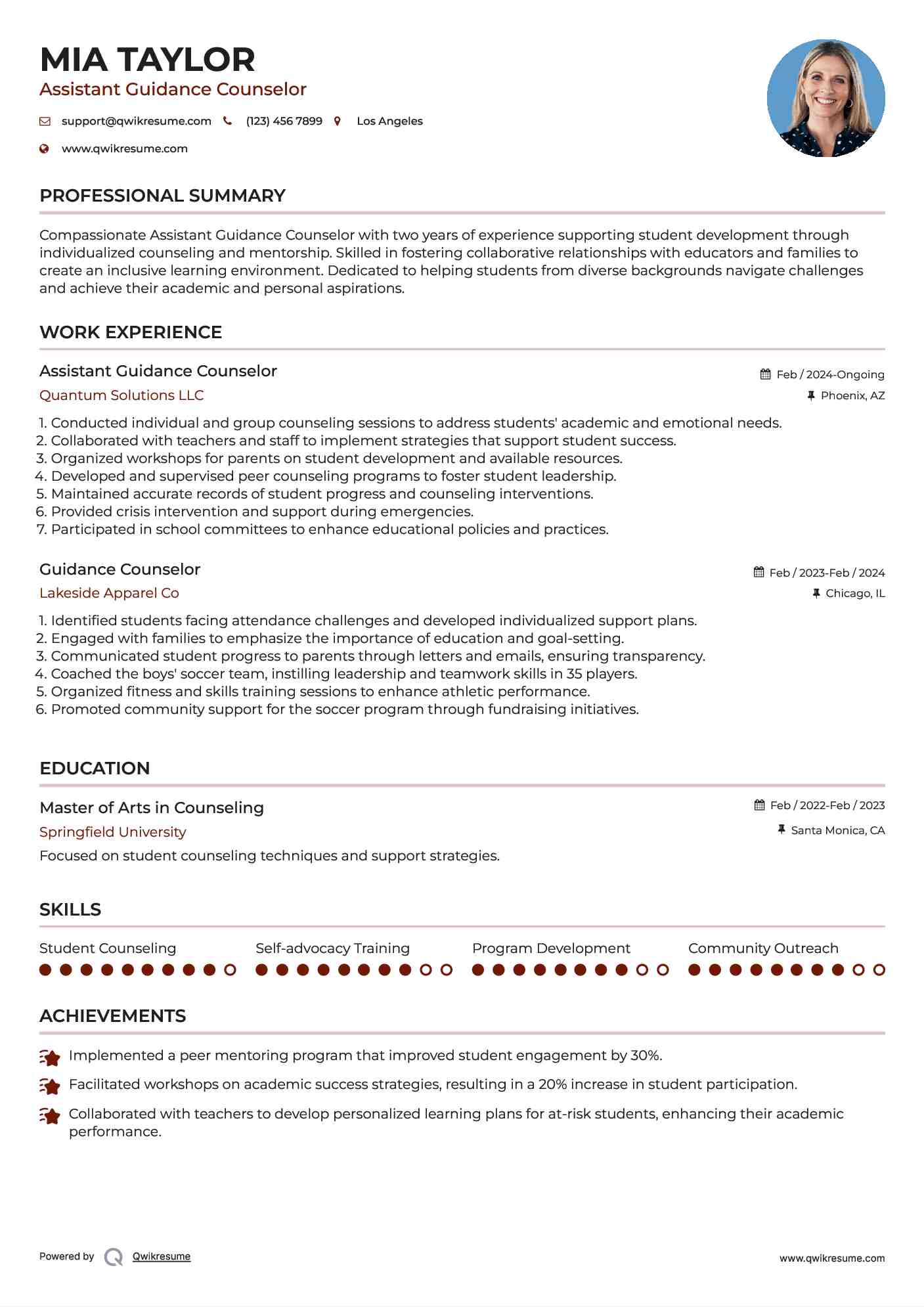 Assistant Guidance Counselor  Resume Example
