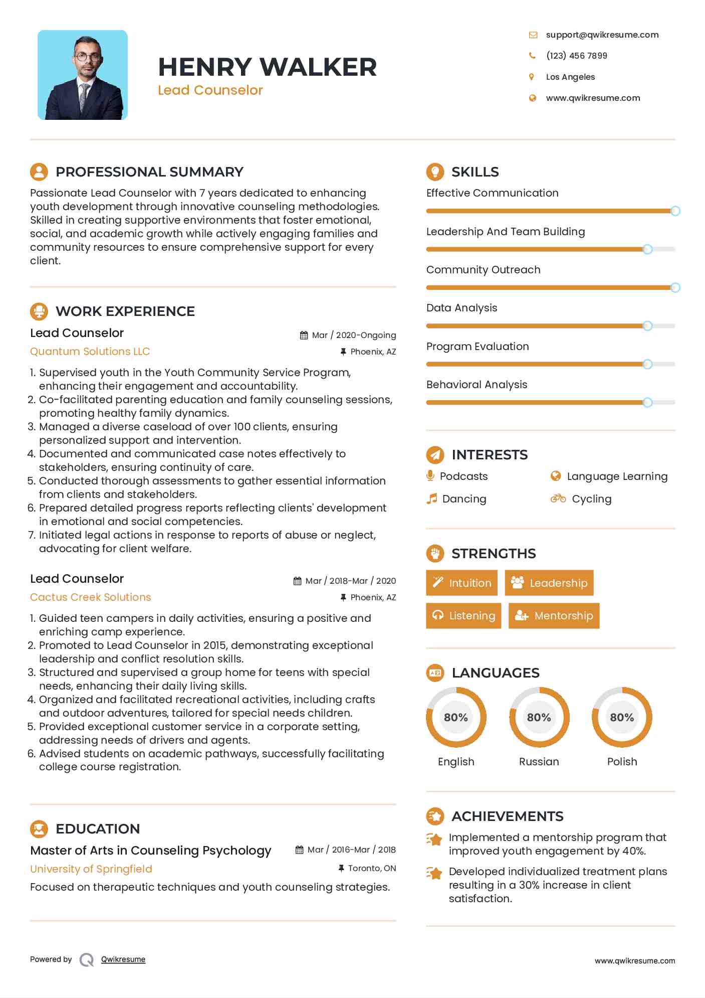 Lead Counselor Resume Format