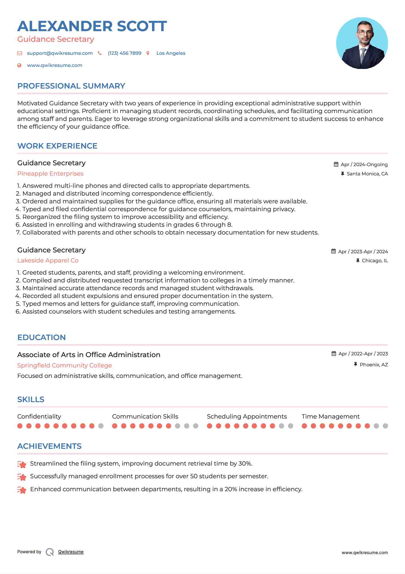 Guidance Secretary Resume Model