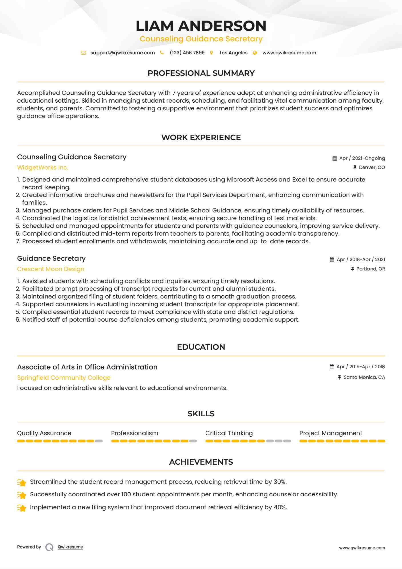 Counseling Guidance Secretary Resume Template