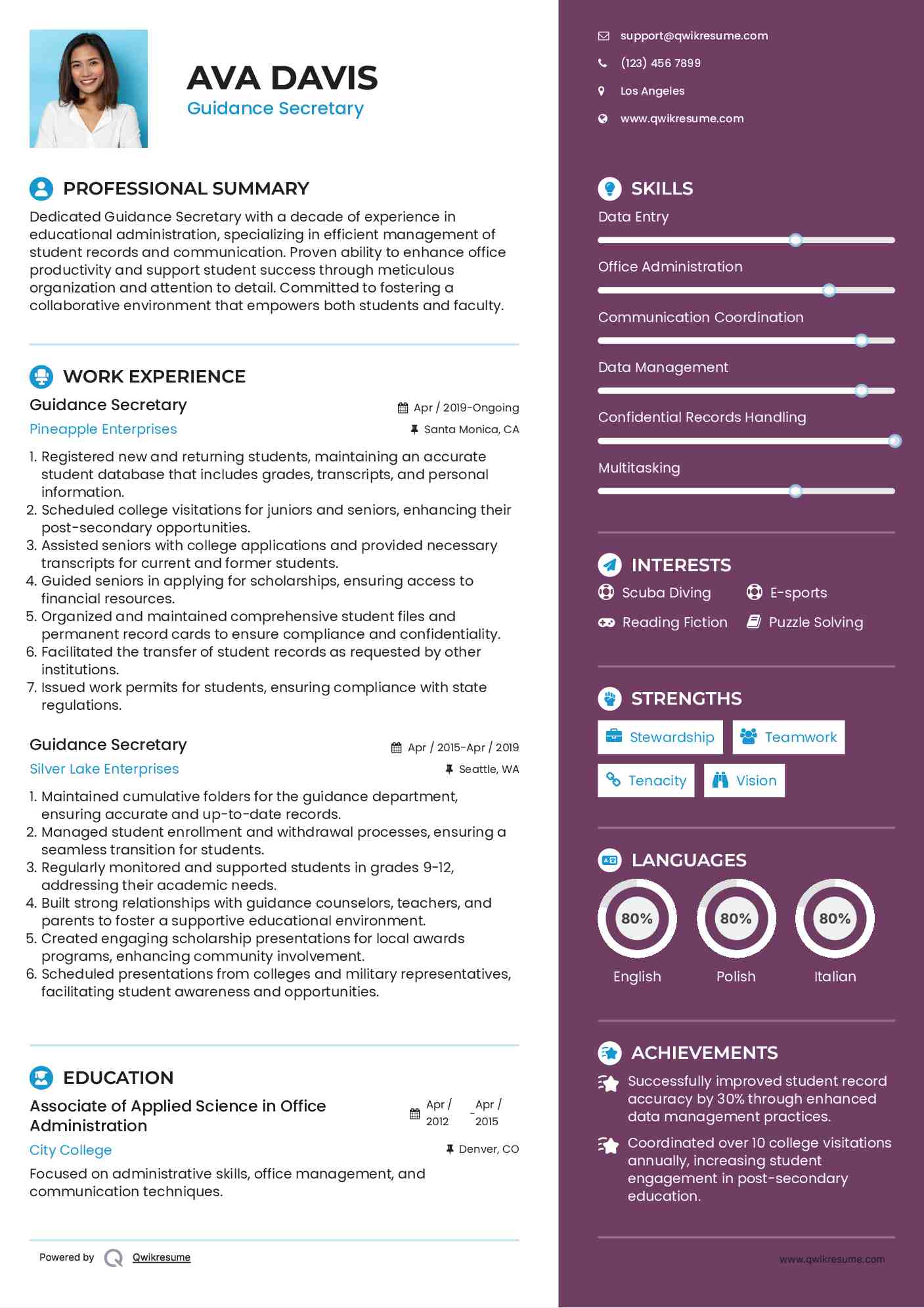 Guidance Secretary Resume Example