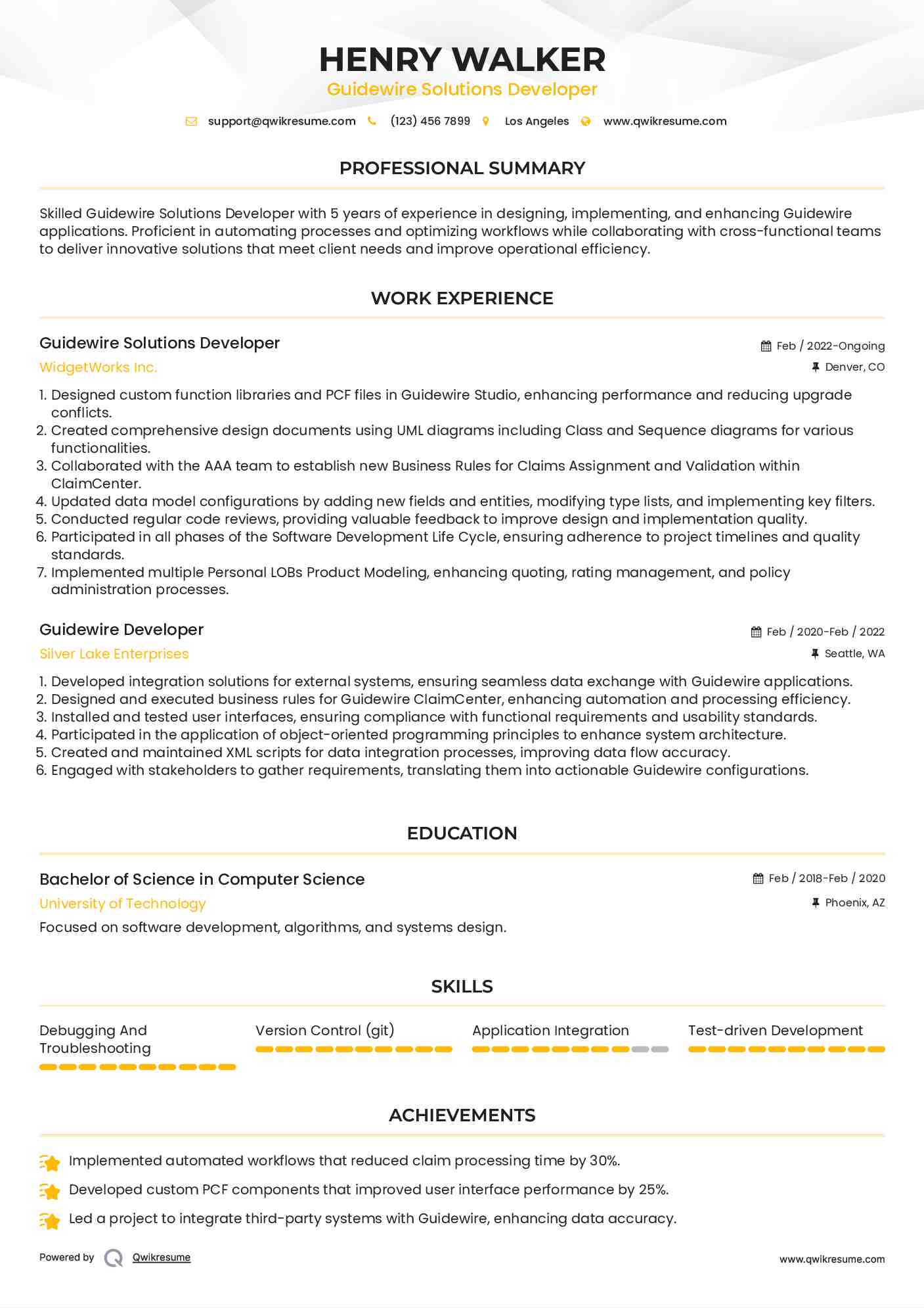 Guidewire Solutions Developer Resume Example